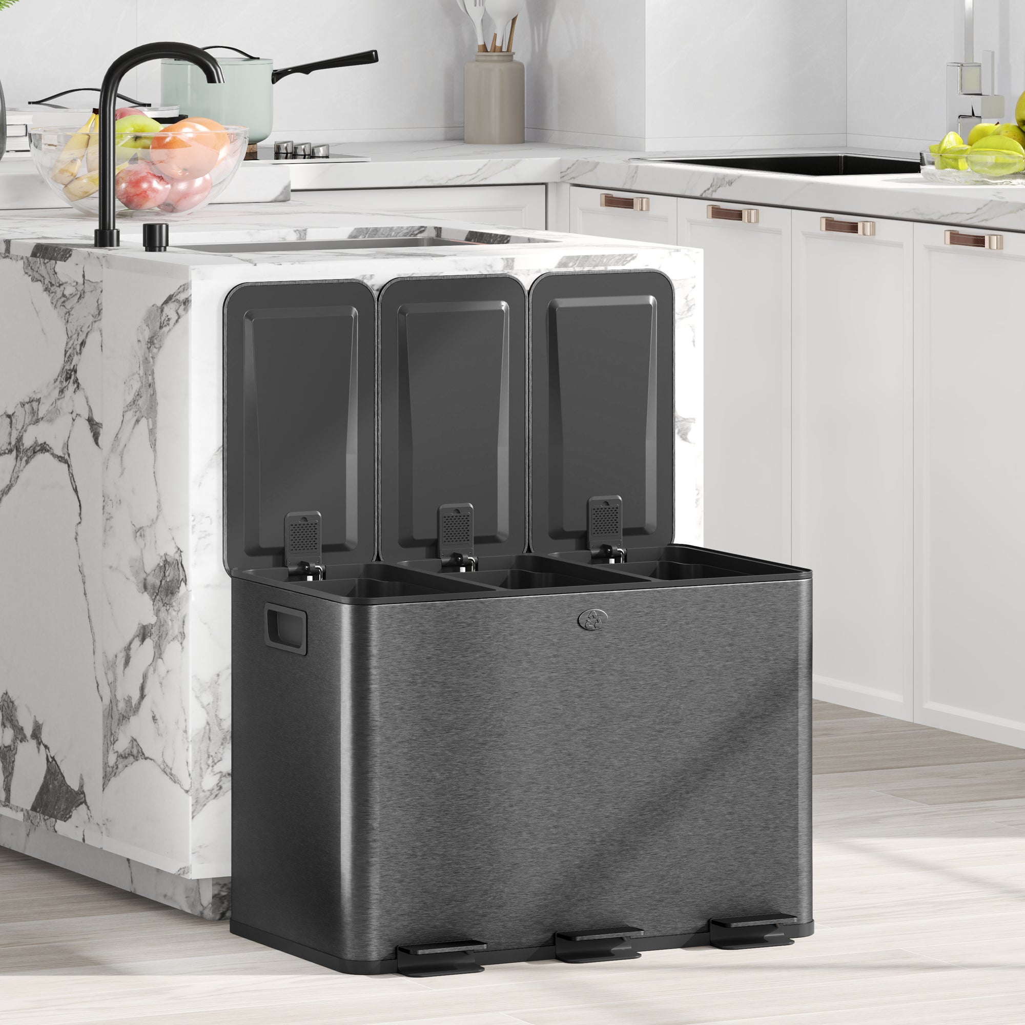HOMCOM Triple Kitchen Garbage Bin, 3 x 5 Gallon (3 x 20 L) Trash Can with Foot Pedal, Soft-Close Garbage Can with Removable Inner Buckets, Fingerprint-Proof for Kitchen, Black