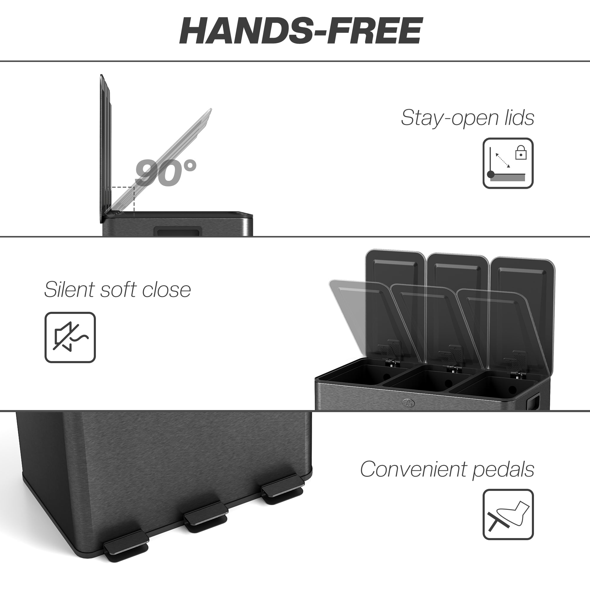 HOMCOM Triple Kitchen Garbage Bin, 3 x 5 Gallon (3 x 20 L) Trash Can with Foot Pedal, Soft-Close Garbage Can with Removable Inner Buckets, Fingerprint-Proof for Kitchen, Black