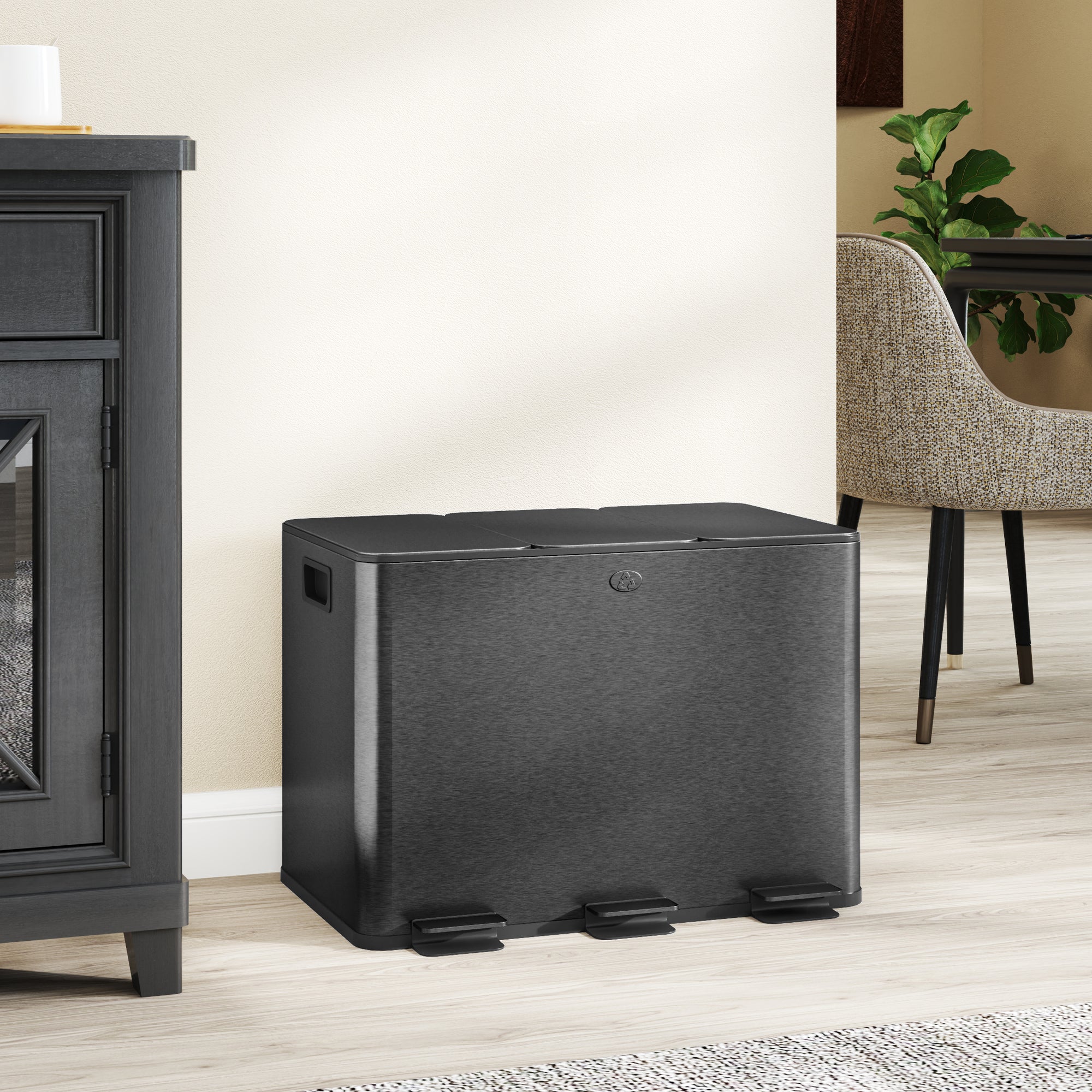 HOMCOM Triple Kitchen Garbage Bin, 3 x 5 Gallon (3 x 20 L) Trash Can with Foot Pedal, Soft-Close Garbage Can with Removable Inner Buckets, Fingerprint-Proof for Kitchen, Black