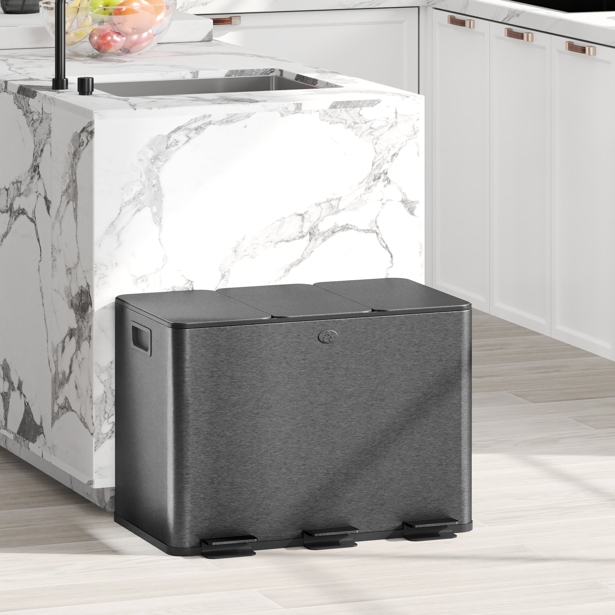 HOMCOM Triple Kitchen Garbage Bin, 3 x 5 Gallon (3 x 20 L) Trash Can with Foot Pedal, Soft-Close Garbage Can with Removable Inner Buckets, Fingerprint-Proof for Kitchen, Black