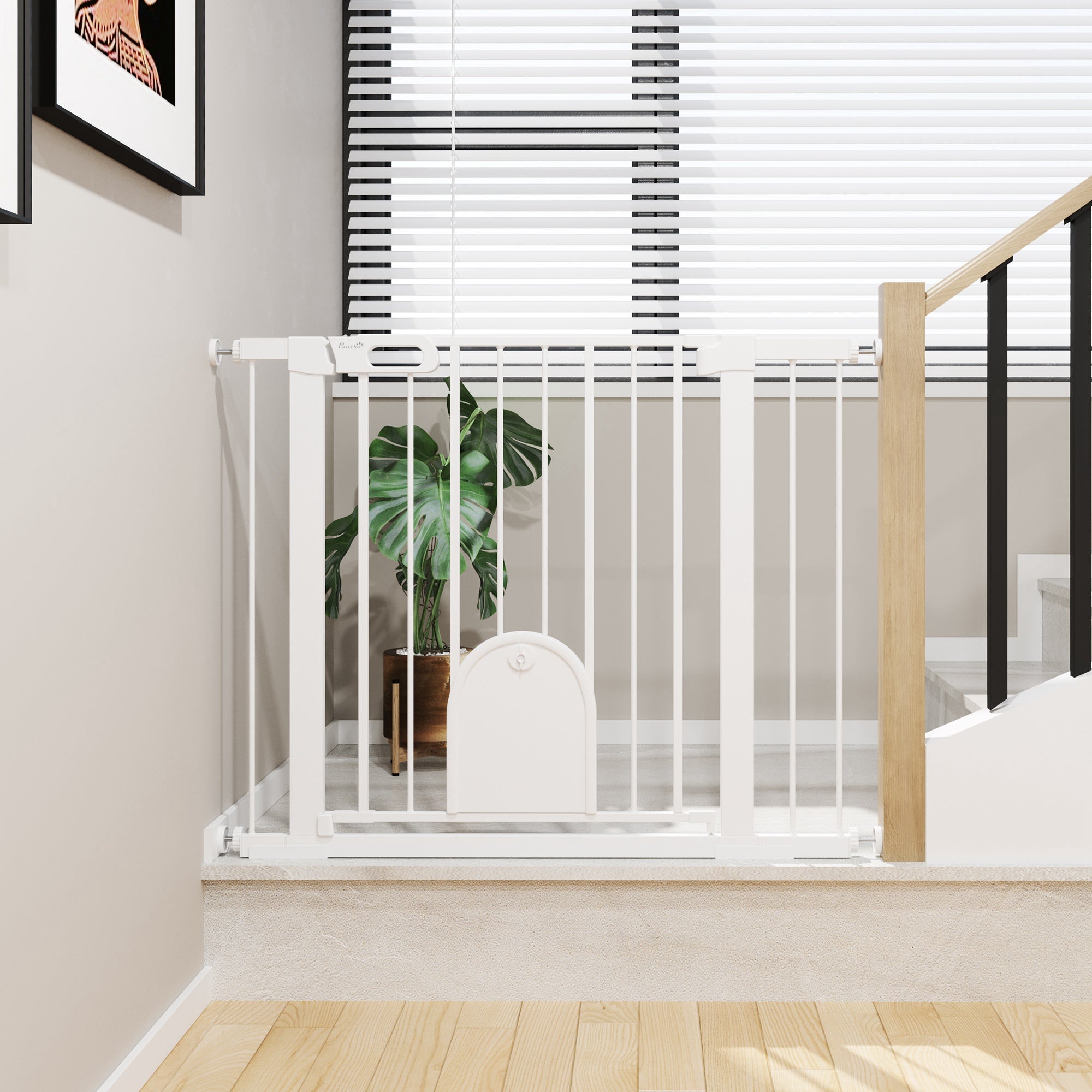PawHut Dog Gate with Cat Flap Pet Safety Gate Barrier, Stair Pressure Fit, Auto Close, Double Locking, for Doorways, Hallways, 75-103 cm White