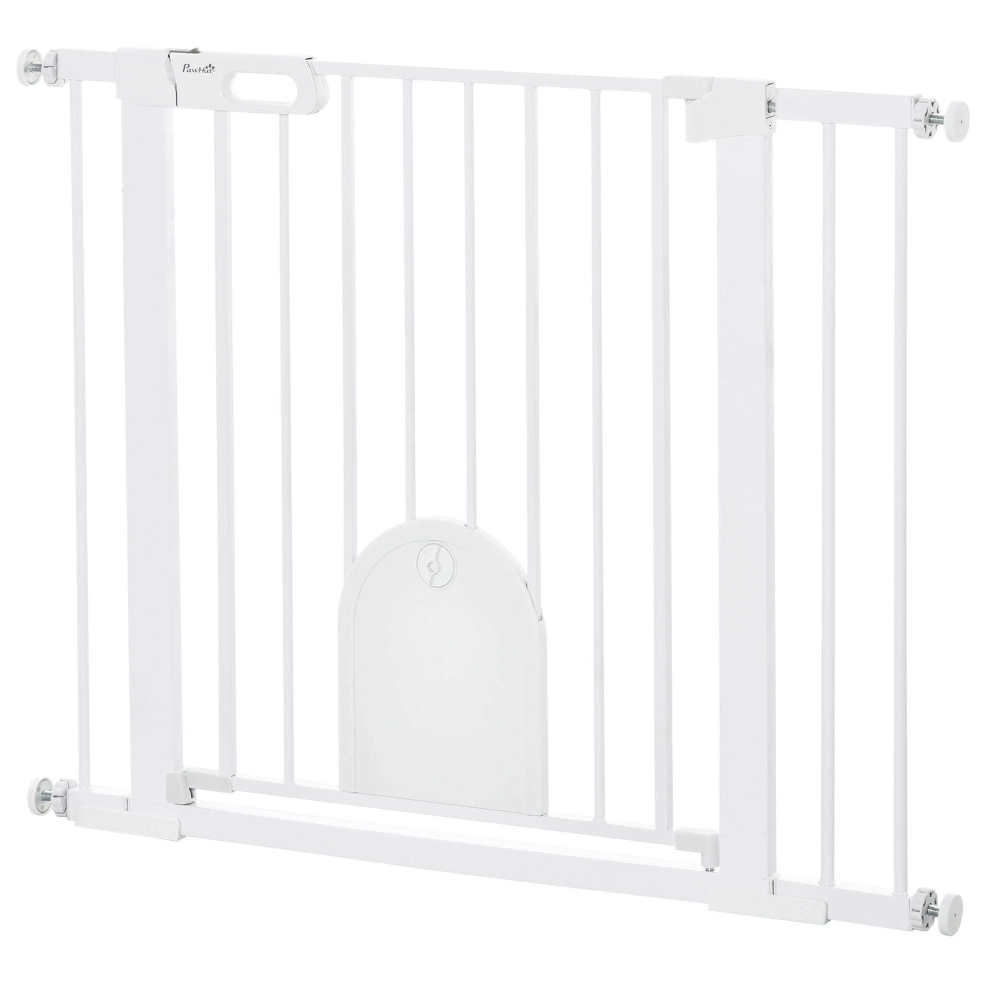 PawHut Dog Gate with Cat Flap Pet Safety Gate Barrier, Stair Pressure Fit, Auto Close, Double Locking, for Doorways, Hallways, 75-103 cm White