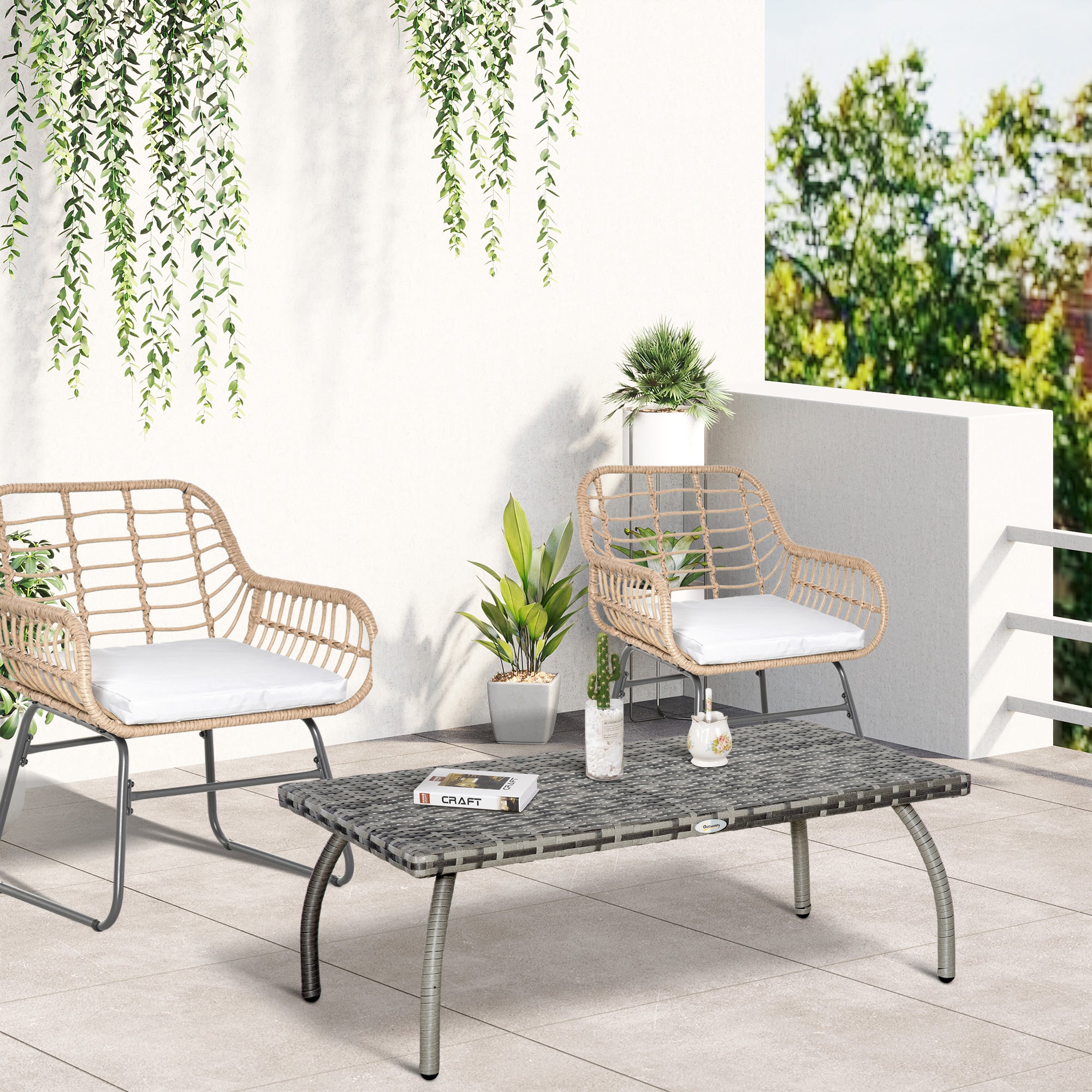 Outsunny 35" Rattan Coffee Table Outdoor Side Table Patio Wicker Furniture, Small Rectangular with All-Weather PE for Garden, Balcony, Backyard, Poolside, Grey
