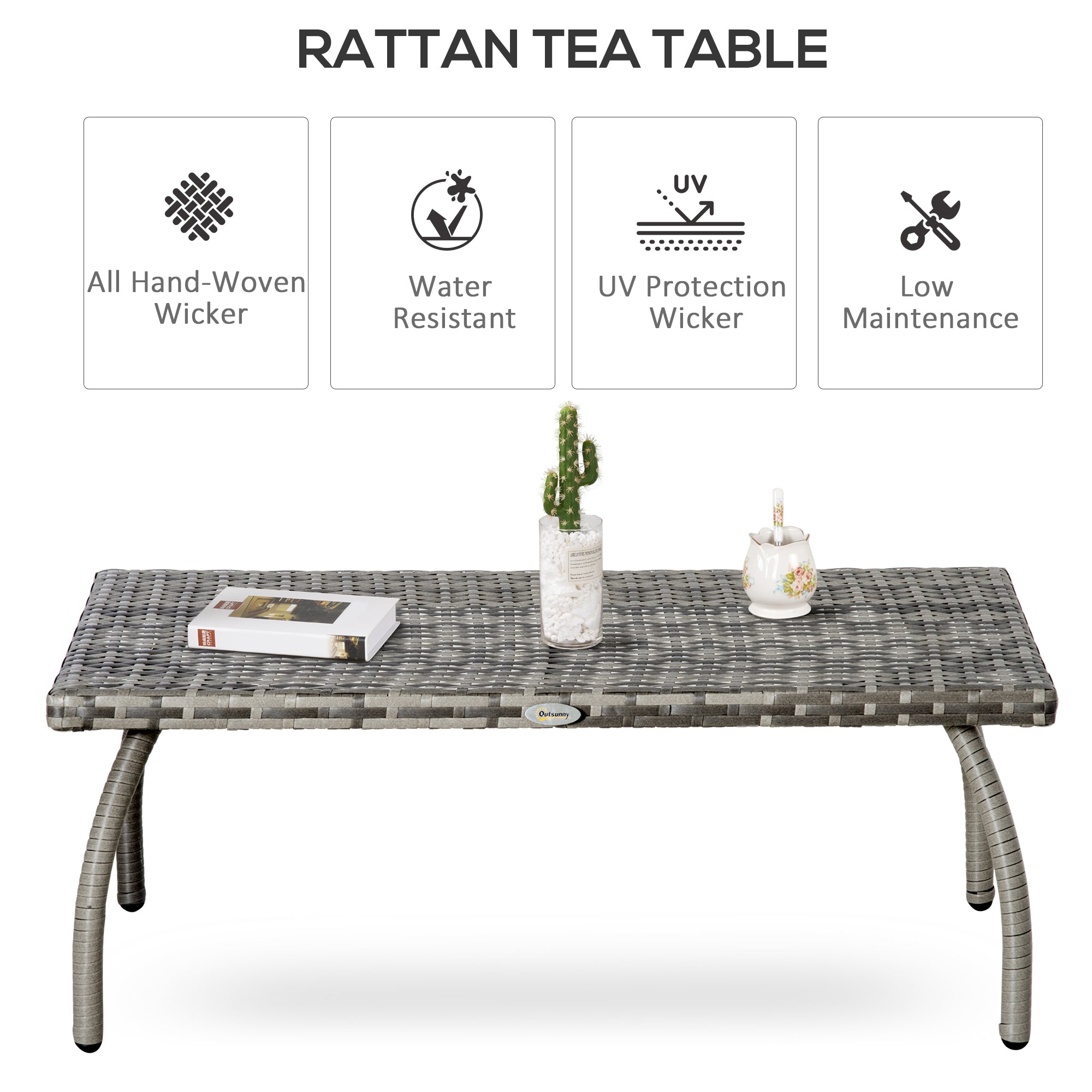 Outsunny 35" Rattan Coffee Table Outdoor Side Table Patio Wicker Furniture, Small Rectangular with All-Weather PE for Garden, Balcony, Backyard, Poolside, Grey