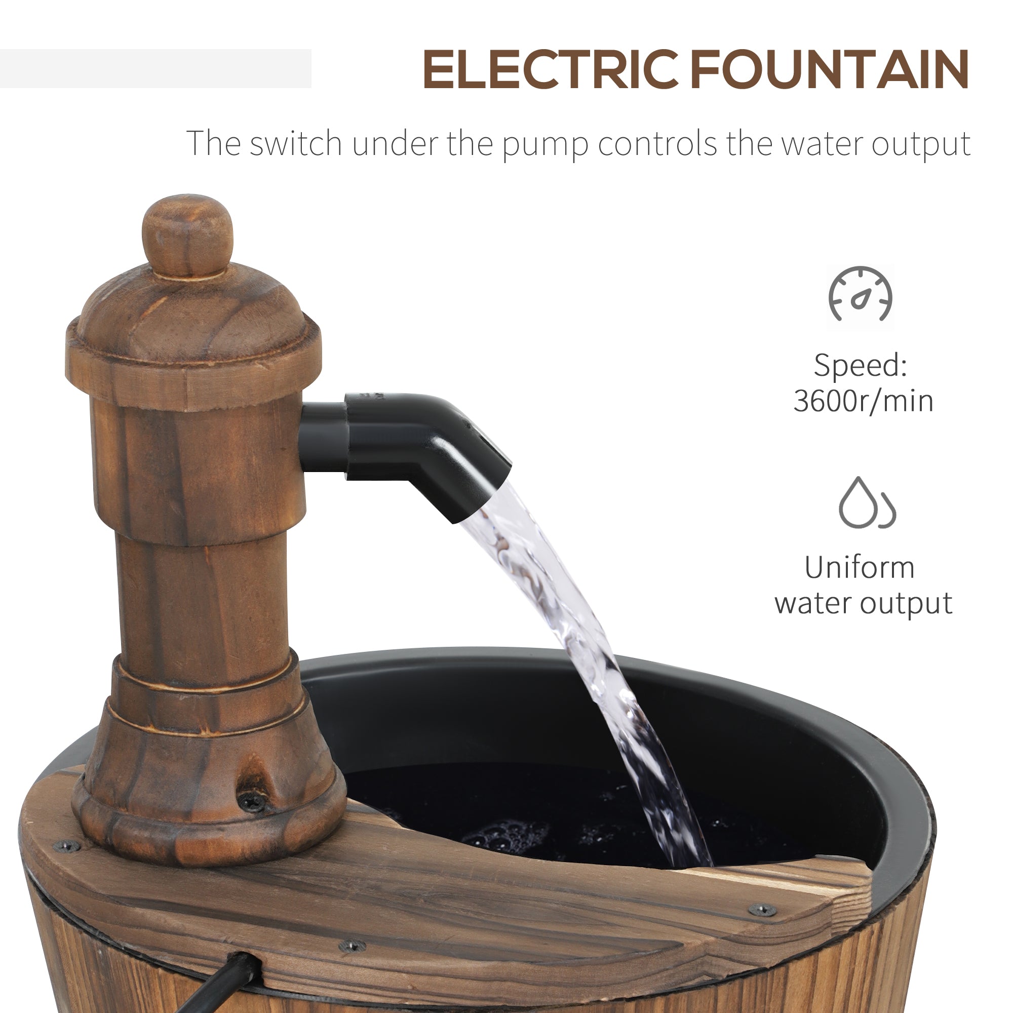 Outsunny Wood Barrel Outdoor Water Fountain, Decorative Garden Fountain with Electric Pump, Carbonized