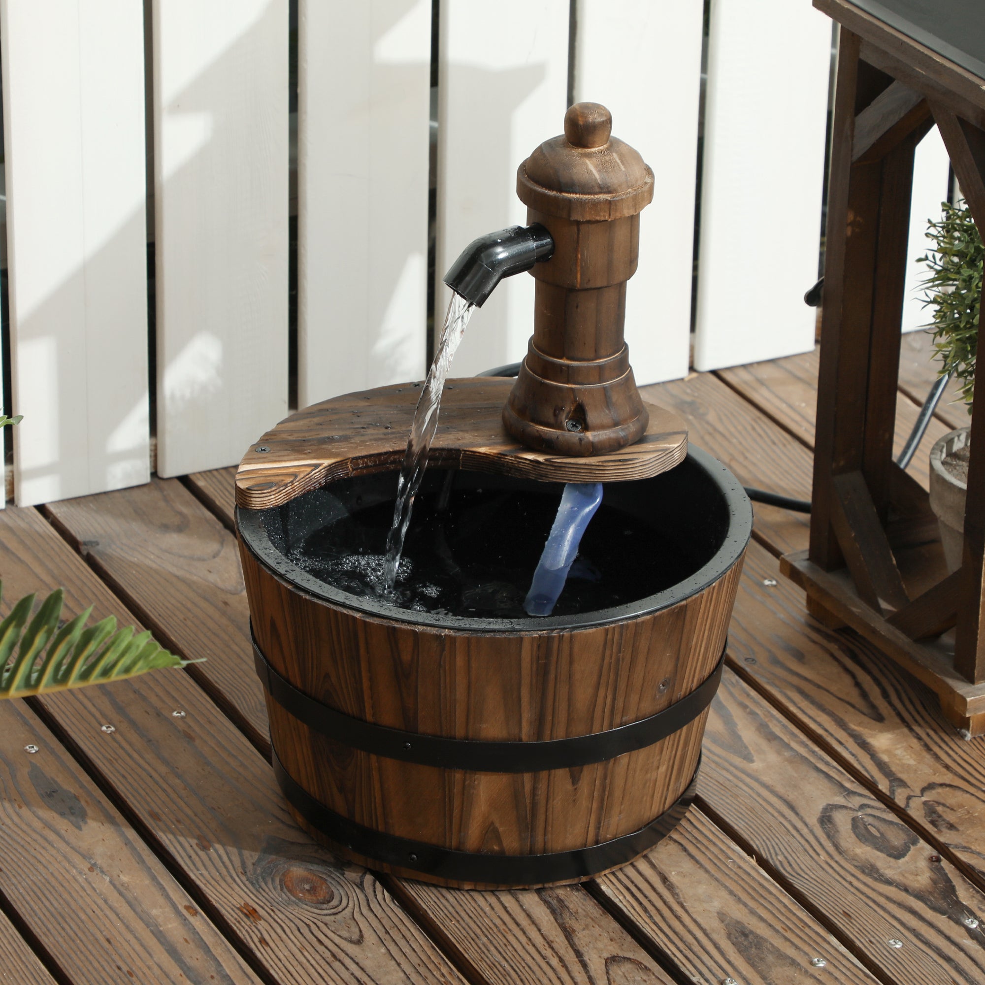 Outsunny Wood Barrel Outdoor Water Fountain, Decorative Garden Fountain with Electric Pump, Carbonized
