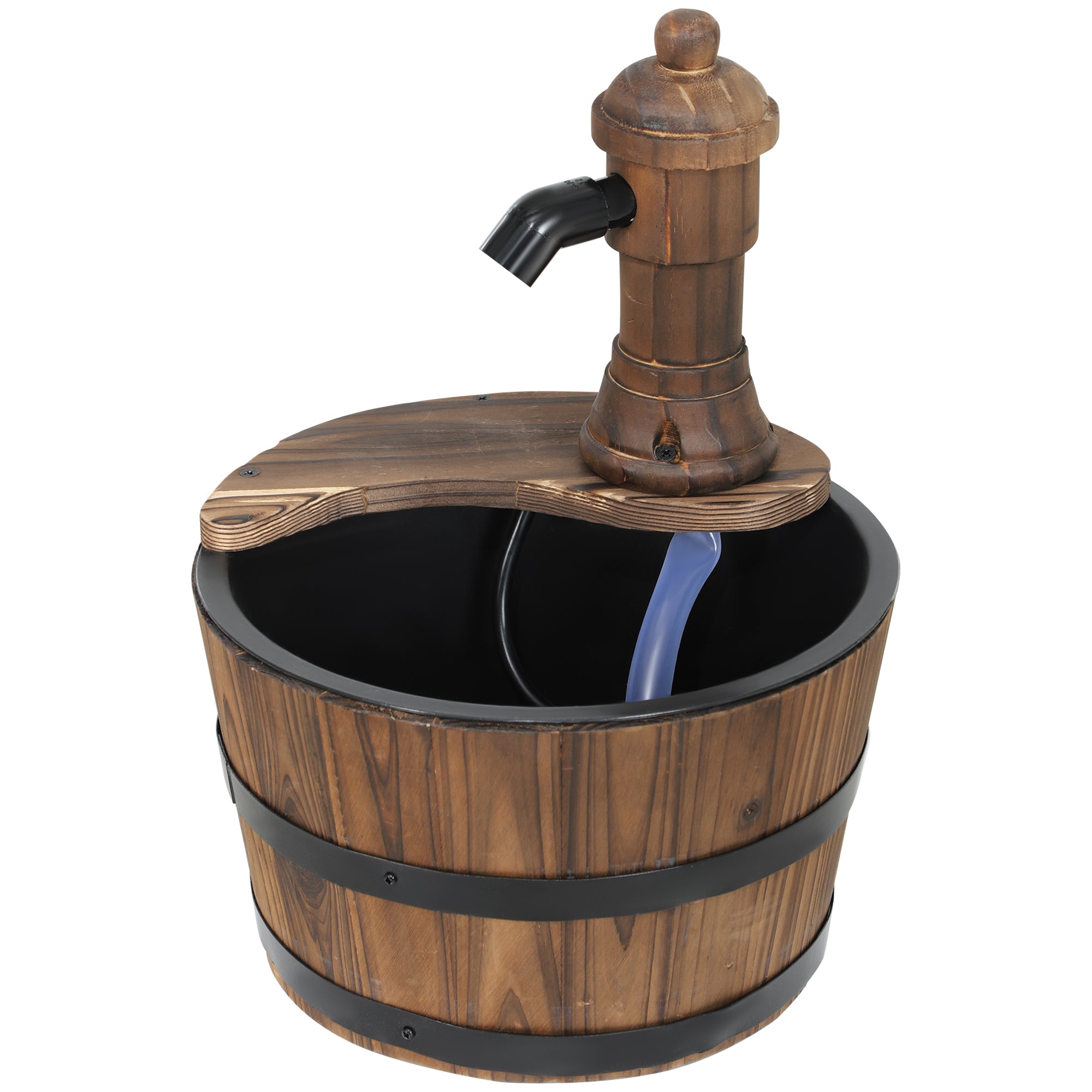 Outsunny Wood Barrel Outdoor Water Fountain, Decorative Garden Fountain with Electric Pump, Carbonized
