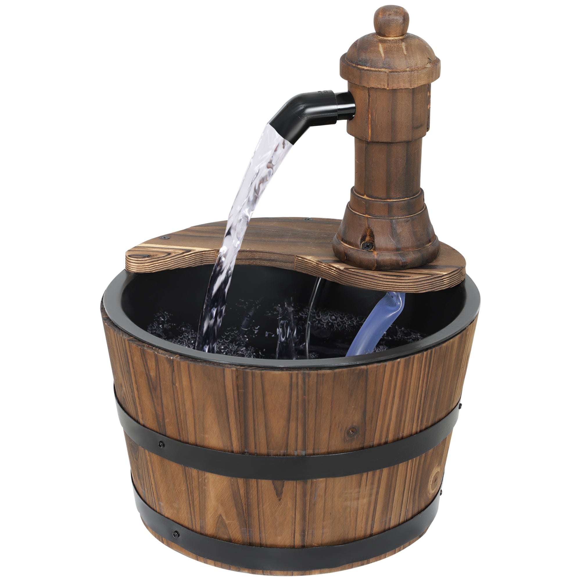 Outsunny Wood Barrel Outdoor Water Fountain, Decorative Garden Fountain with Electric Pump, Carbonized
