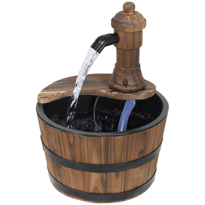 Outsunny Wood Barrel Outdoor Water Fountain, Decorative Garden Fountain with Electric Pump, Carbonized
