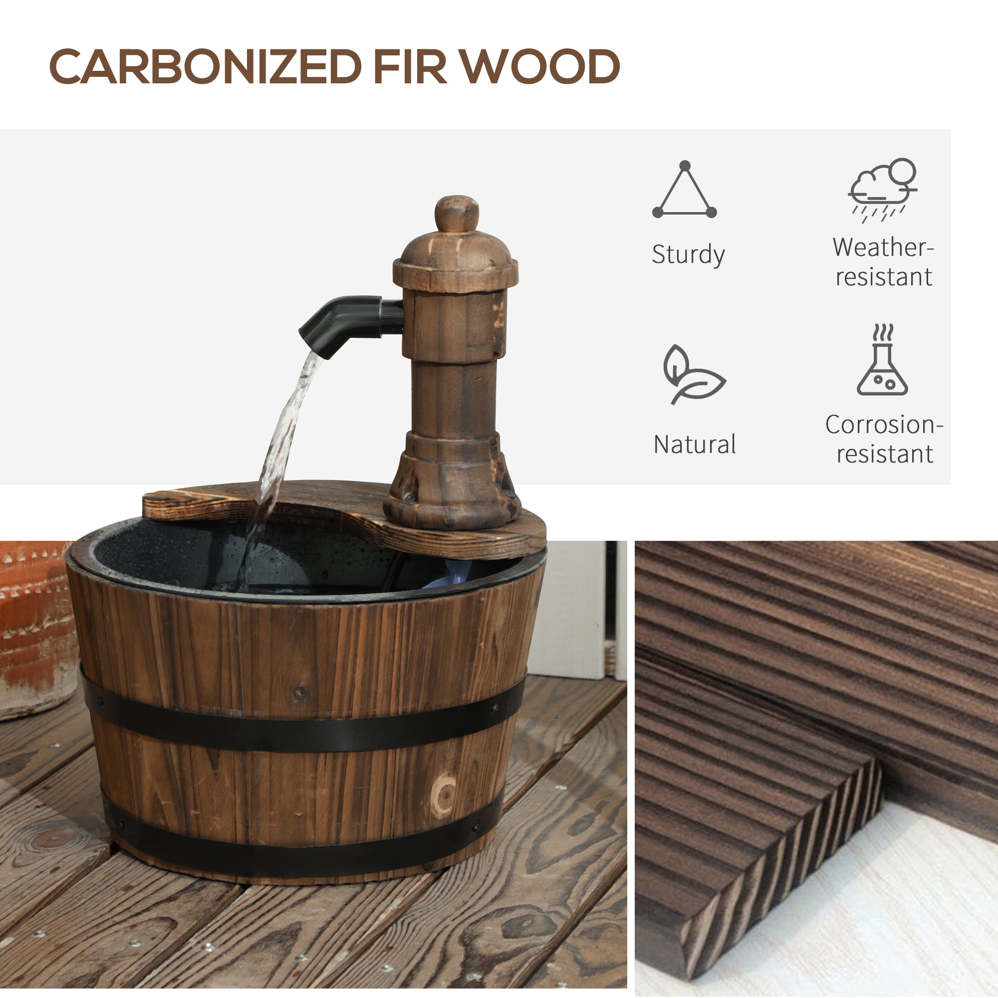 Outsunny Wood Barrel Outdoor Water Fountain, Decorative Garden Fountain with Electric Pump, Carbonized