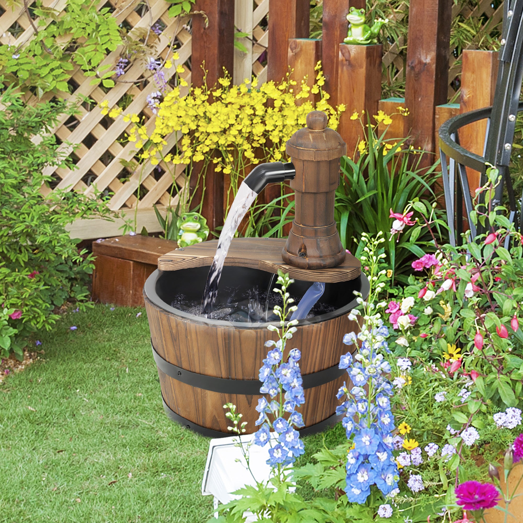 Outsunny Wood Barrel Outdoor Water Fountain, Decorative Garden Fountain with Electric Pump, Carbonized