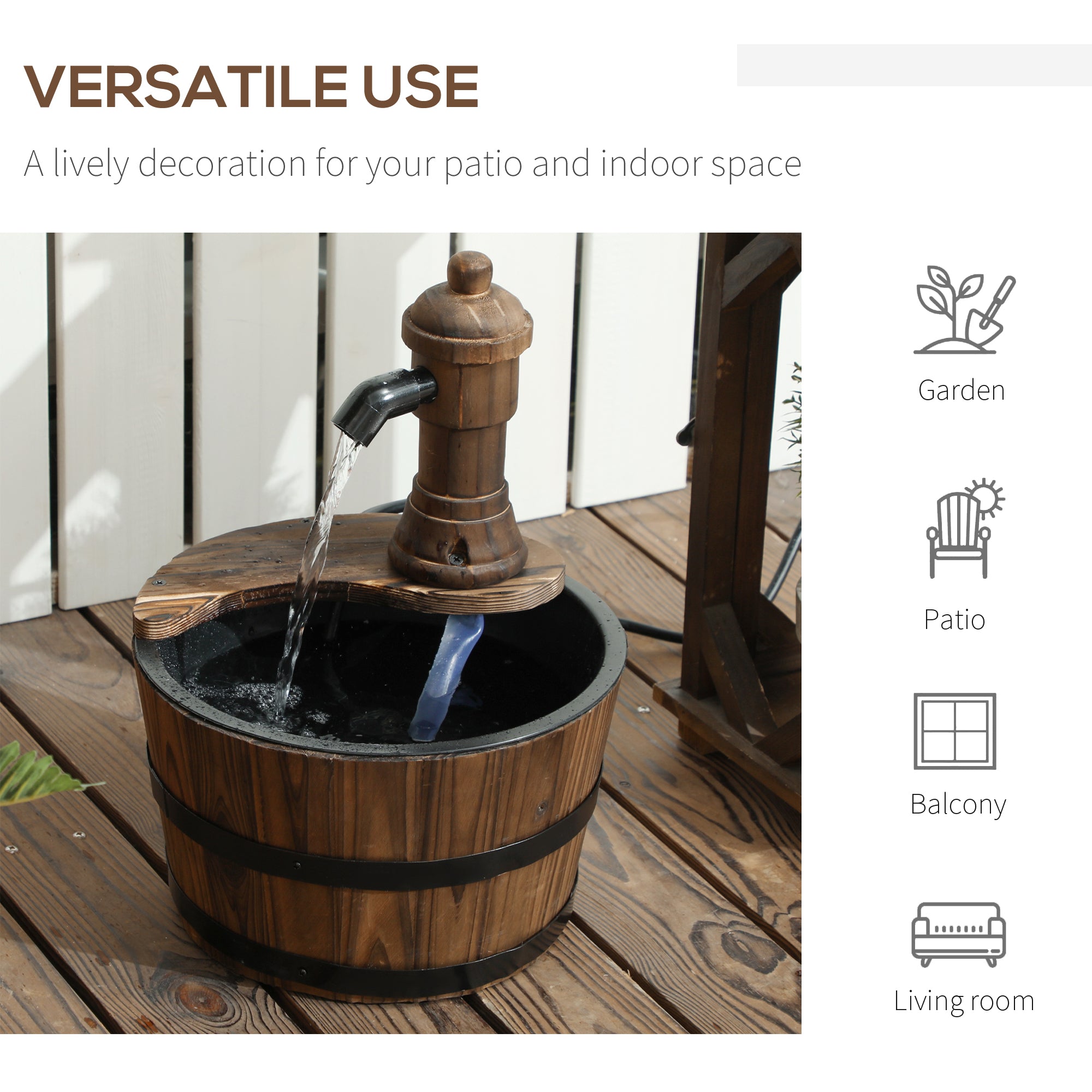 Outsunny Wood Barrel Outdoor Water Fountain, Decorative Garden Fountain with Electric Pump, Carbonized
