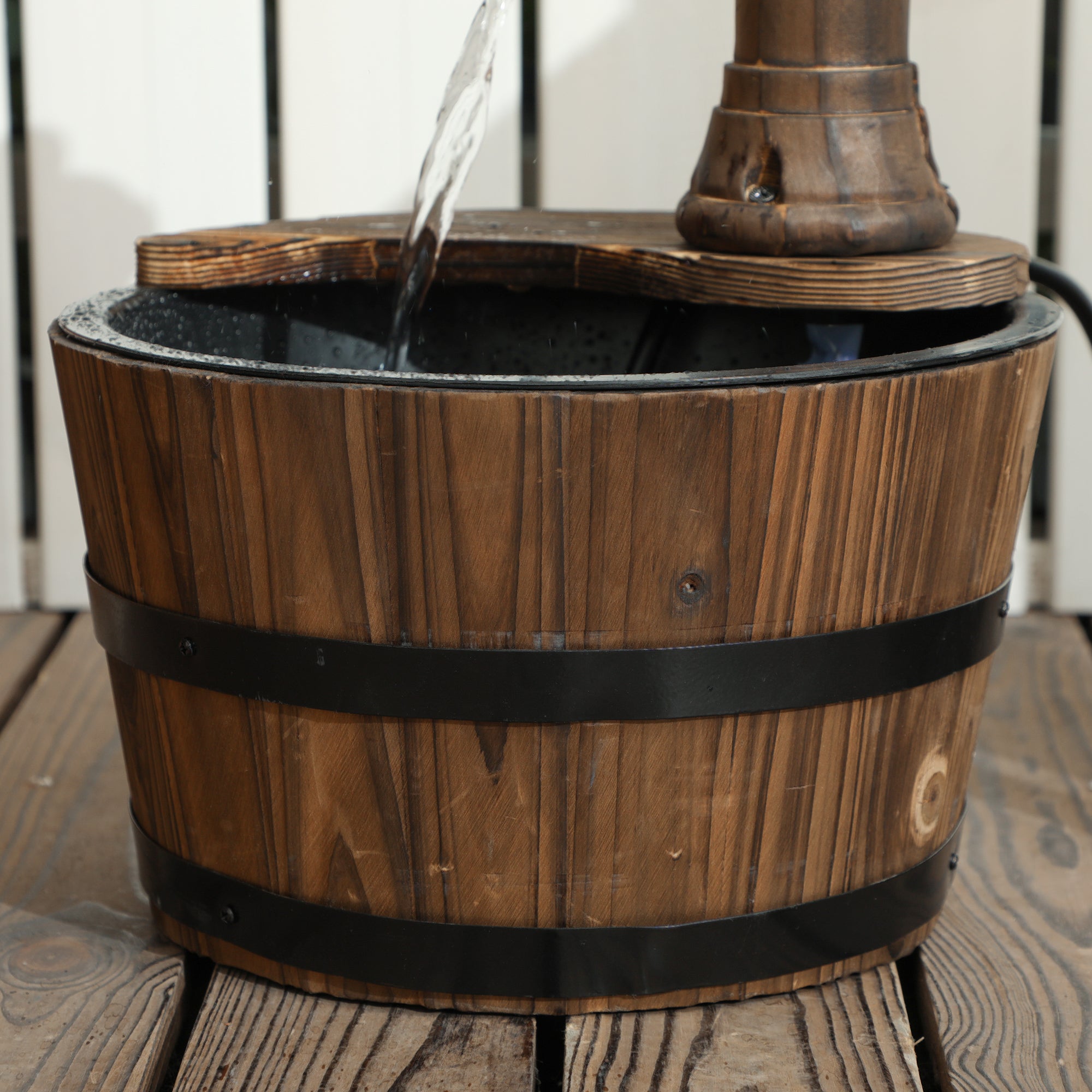 Outsunny Wood Barrel Outdoor Water Fountain, Decorative Garden Fountain with Electric Pump, Carbonized