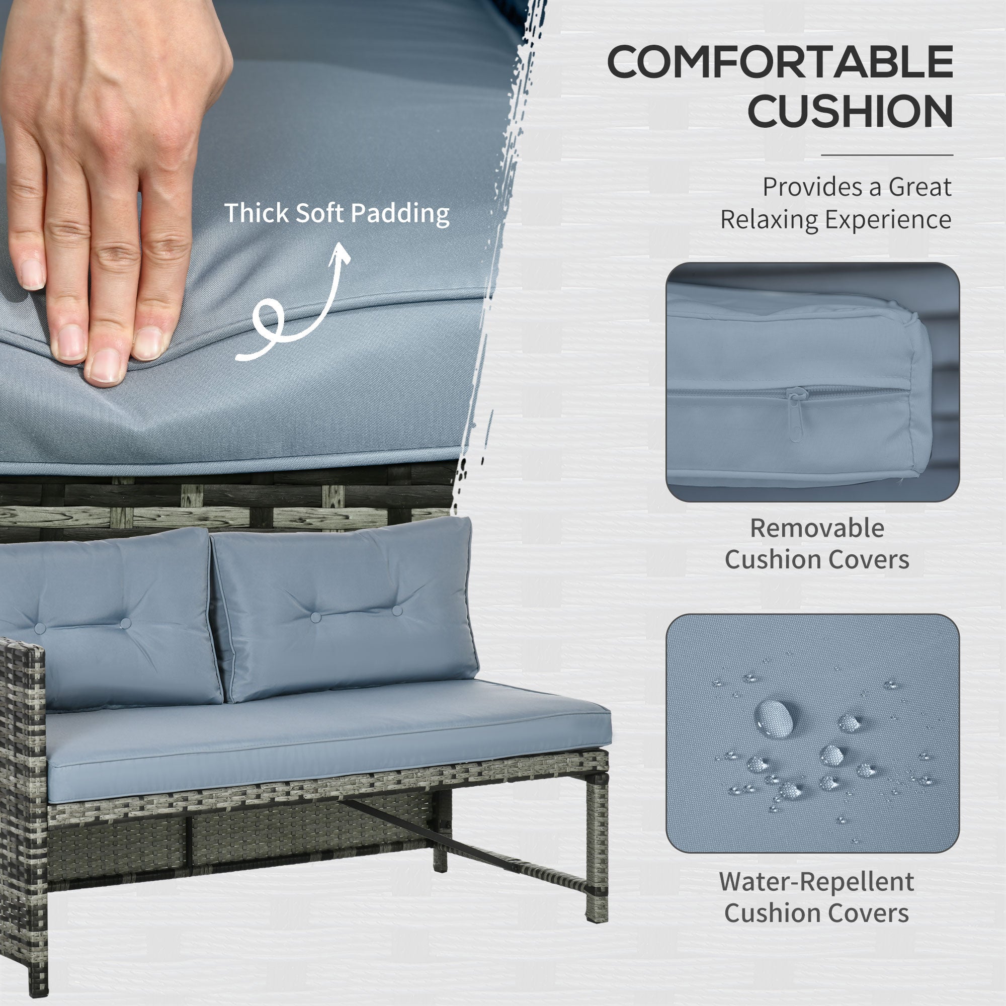 Outsunny 3 Piece Outdoor Patio Furniture Set with Loveseat Sofa, Chaise Lounge, Tempered Glass Table and Cushions, Sectional Wicker Rattan conversation Set for Backyard, Gray