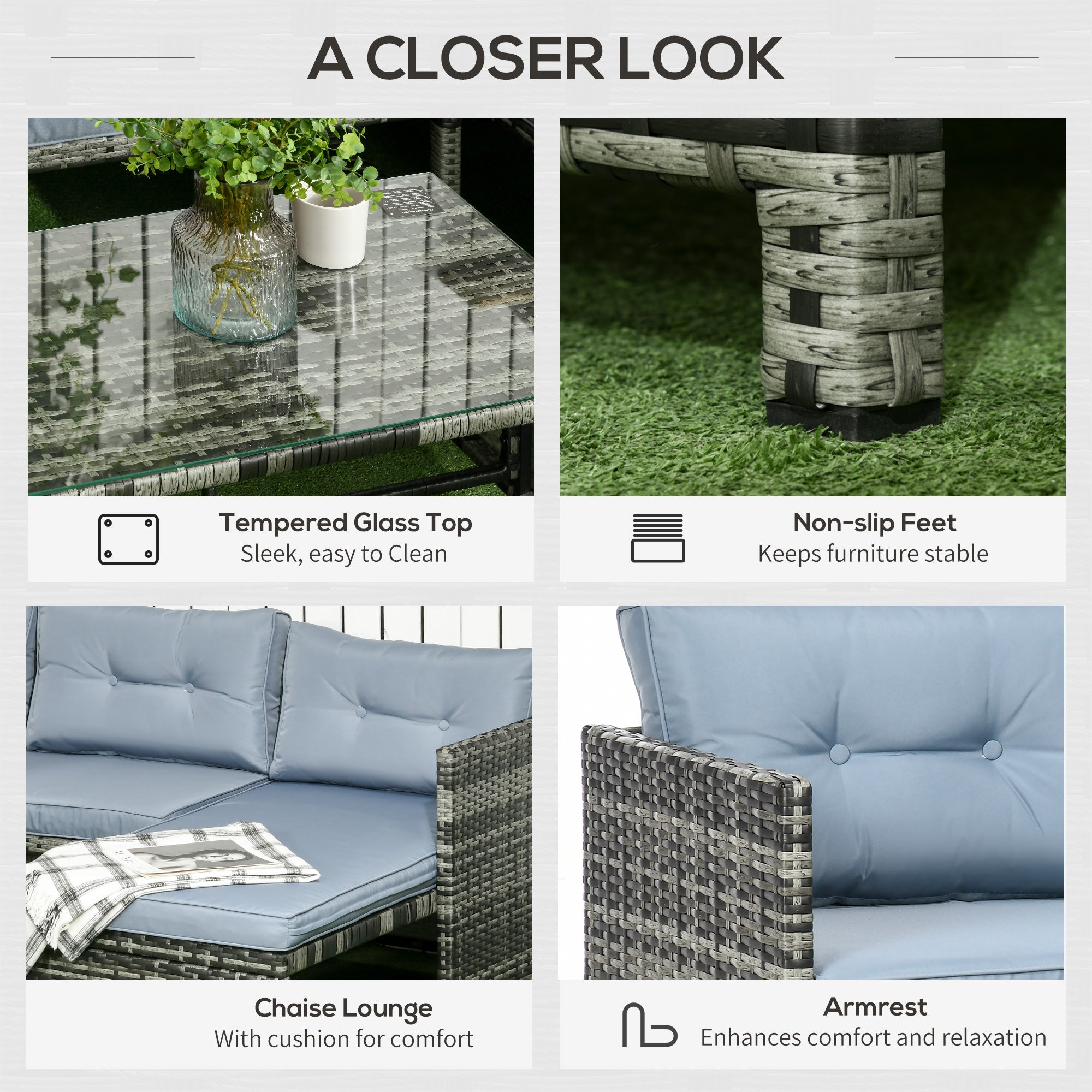 Outsunny 3 Piece Outdoor Patio Furniture Set with Loveseat Sofa, Chaise Lounge, Tempered Glass Table and Cushions, Sectional Wicker Rattan conversation Set for Backyard, Gray