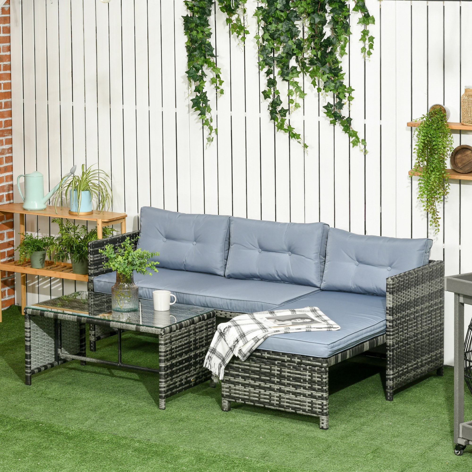 Outsunny 3 Piece Outdoor Patio Furniture Set with Loveseat Sofa, Chaise Lounge, Tempered Glass Table and Cushions, Sectional Wicker Rattan conversation Set for Backyard, Gray