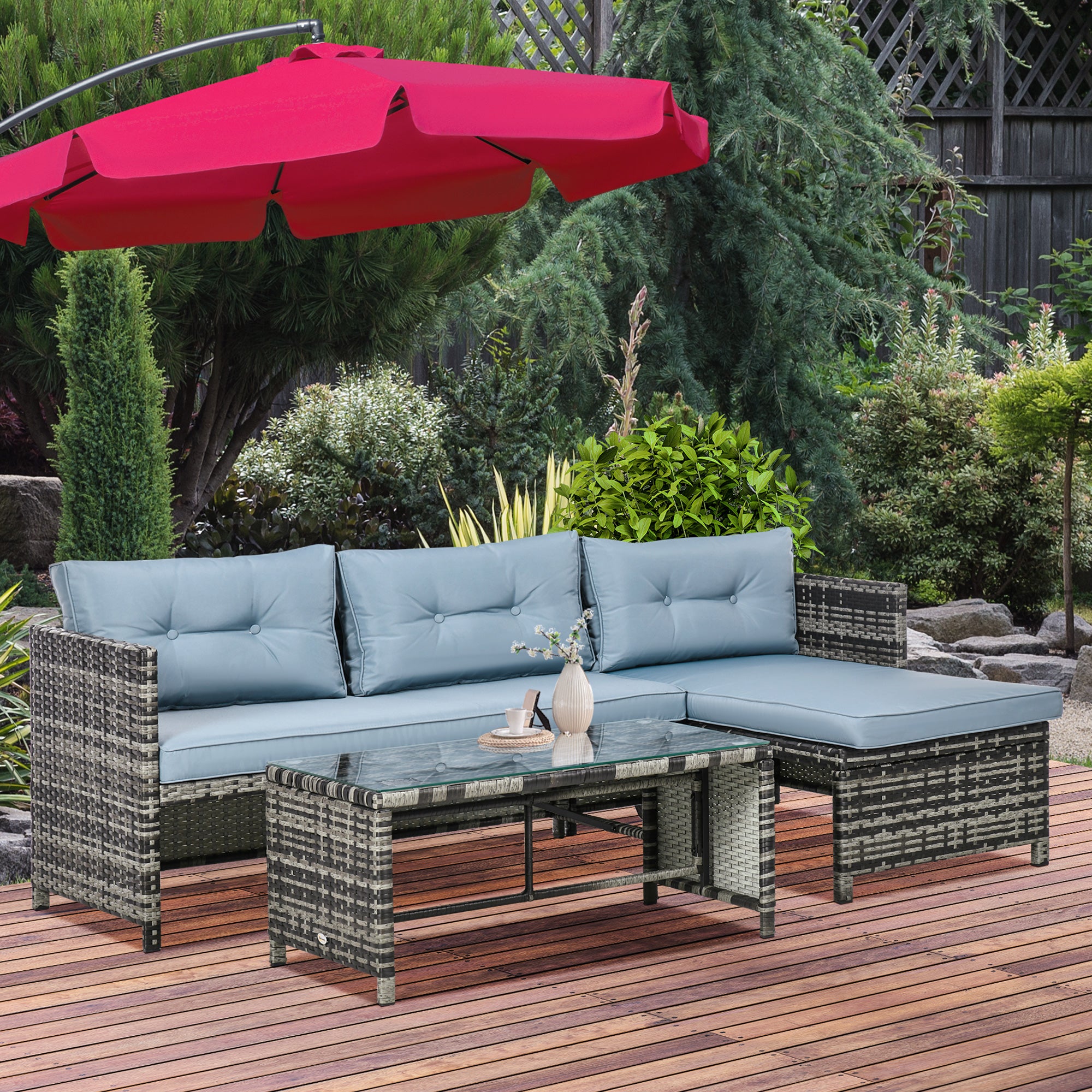 Outsunny 3 Piece Outdoor Patio Furniture Set with Loveseat Sofa, Chaise Lounge, Tempered Glass Table and Cushions, Sectional Wicker Rattan conversation Set for Backyard, Gray