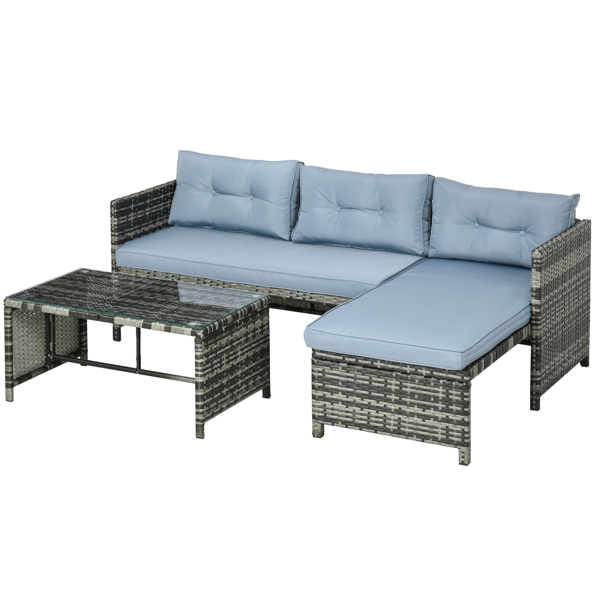 Outsunny 3 Piece Outdoor Patio Furniture Set with Loveseat Sofa, Chaise Lounge, Tempered Glass Table and Cushions, Sectional Wicker Rattan conversation Set for Backyard, Gray