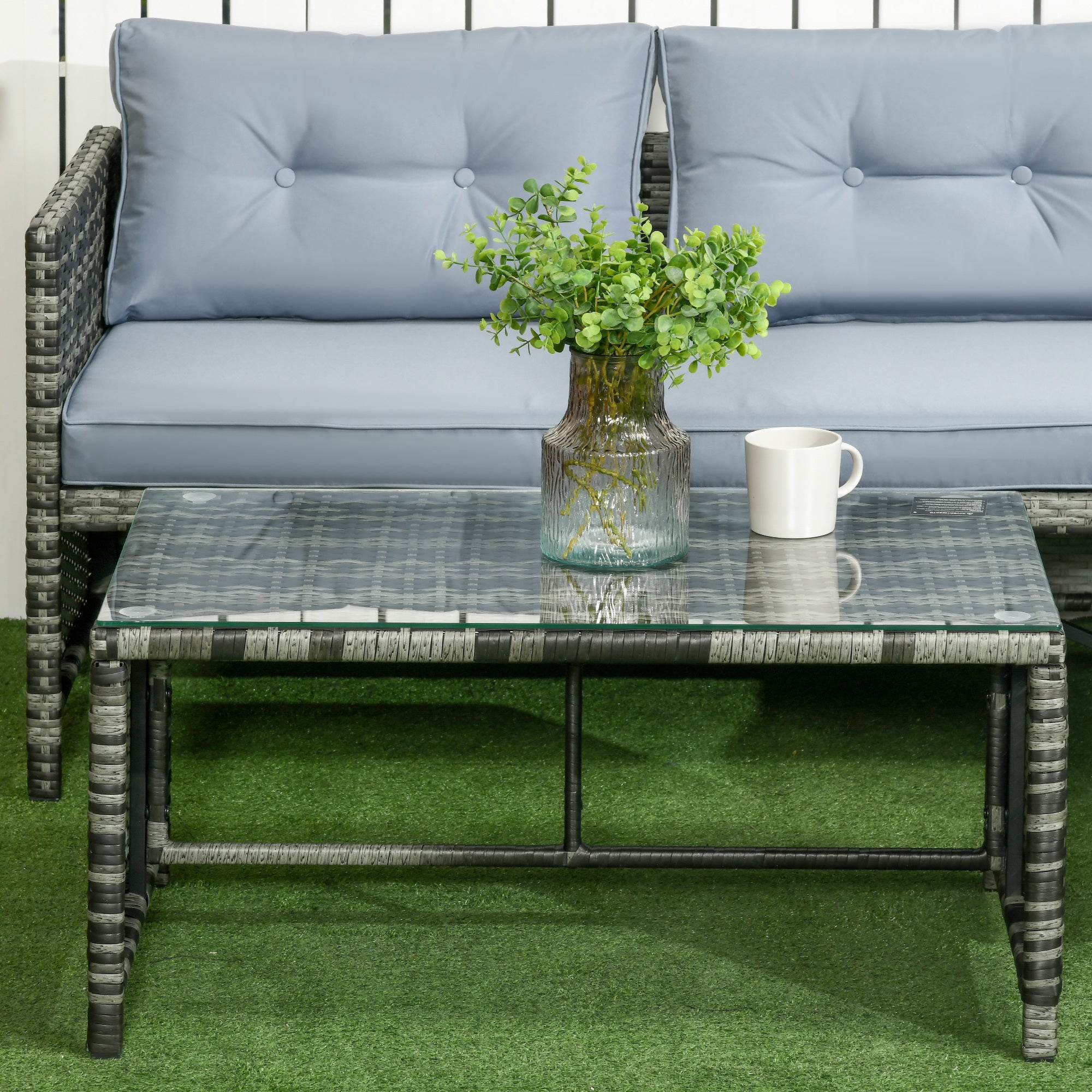 Outsunny 3 Piece Outdoor Patio Furniture Set with Loveseat Sofa, Chaise Lounge, Tempered Glass Table and Cushions, Sectional Wicker Rattan conversation Set for Backyard, Gray