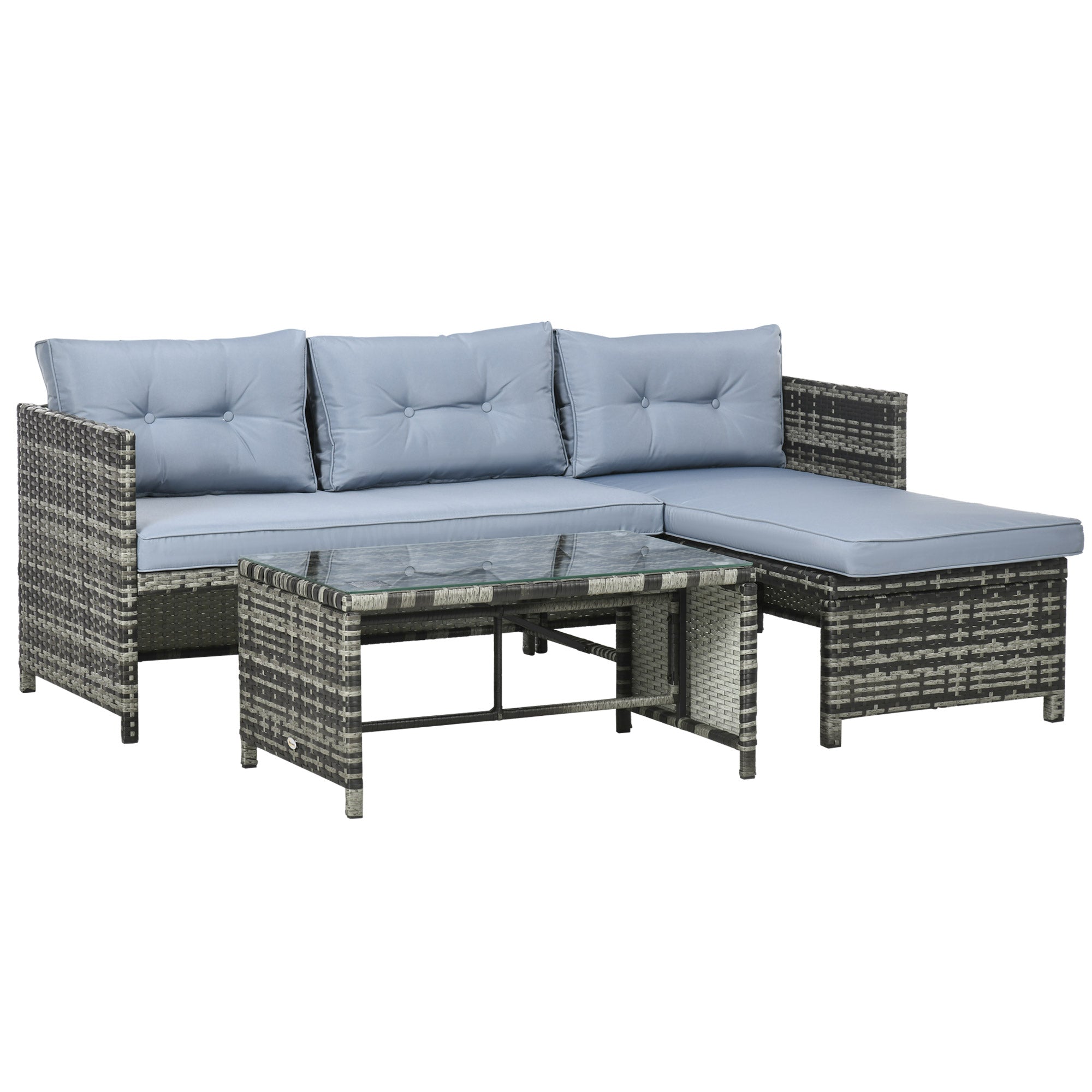 Outsunny 3 Piece Outdoor Patio Furniture Set with Loveseat Sofa, Chaise Lounge, Tempered Glass Table and Cushions, Sectional Wicker Rattan conversation Set for Backyard, Gray