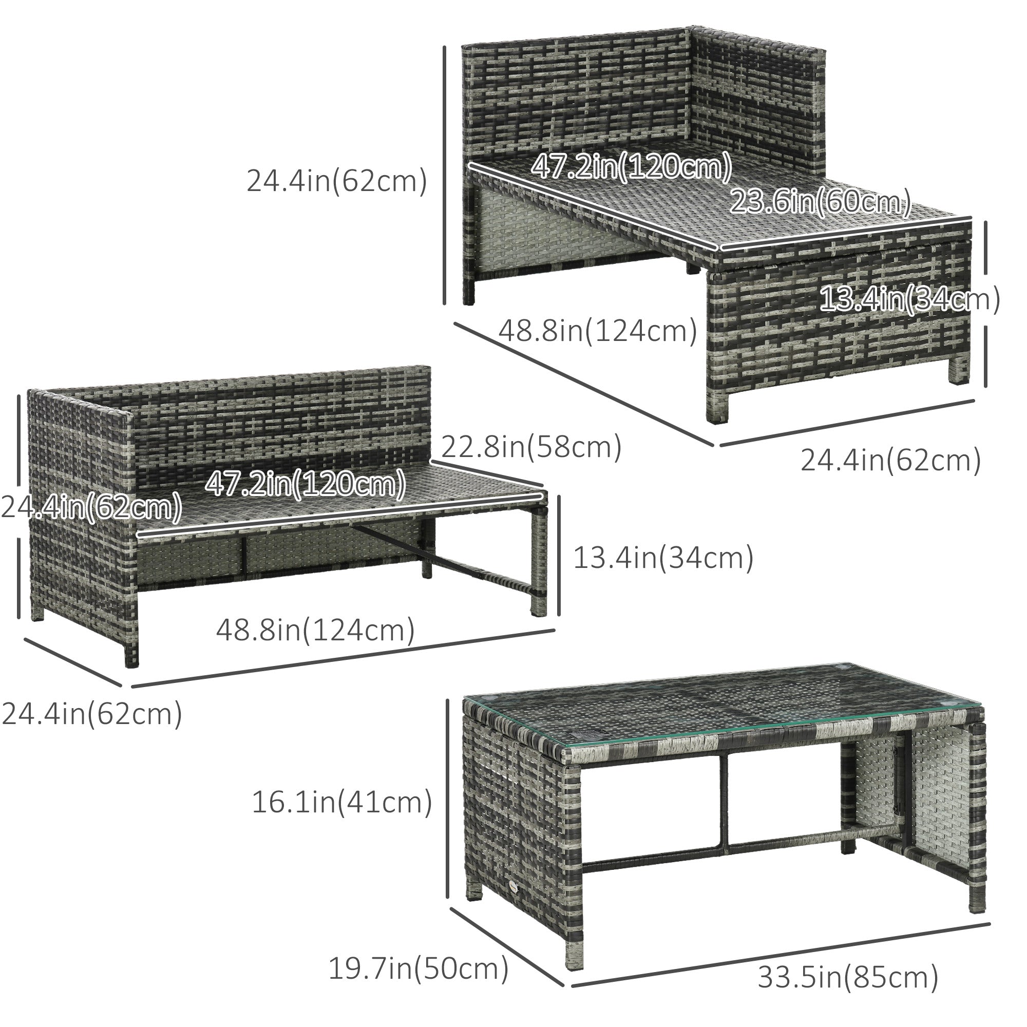 Outsunny 3 Piece Outdoor Patio Furniture Set with Loveseat Sofa, Chaise Lounge, Tempered Glass Table and Cushions, Sectional Wicker Rattan conversation Set for Backyard, Gray