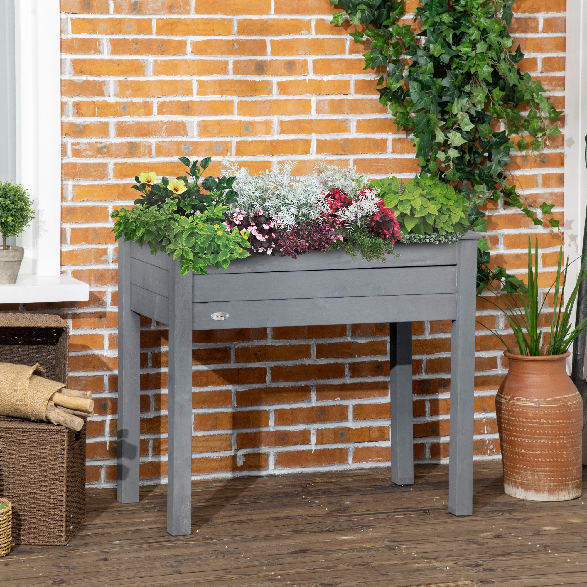 Outsunny 34"x18"x30" Elevated Planter Box with Legs Wooden Patio Raised Garden Bed Outdoor Flower Stand Yard Plant Table Raised Flower Planter w/ Inner Bag Dark Grey