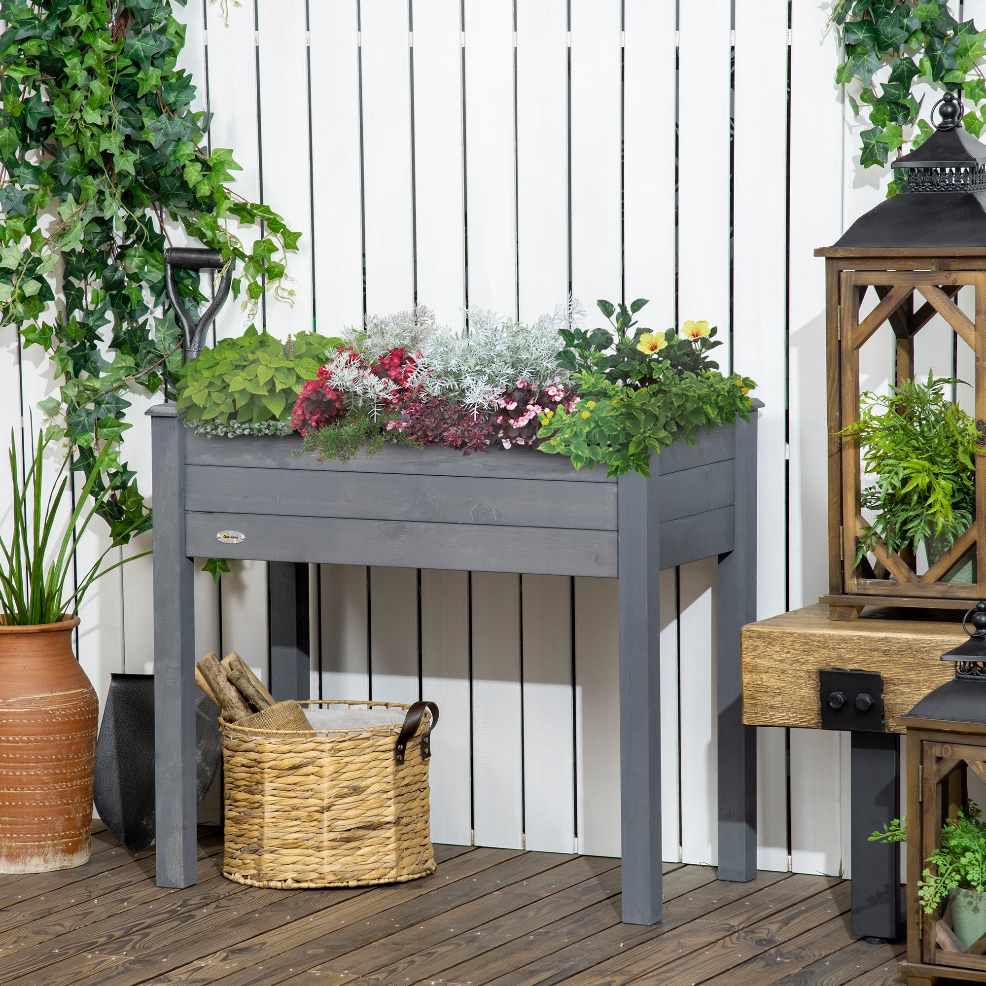 Outsunny 34"x18"x30" Elevated Planter Box with Legs Wooden Patio Raised Garden Bed Outdoor Flower Stand Yard Plant Table Raised Flower Planter w/ Inner Bag Dark Grey