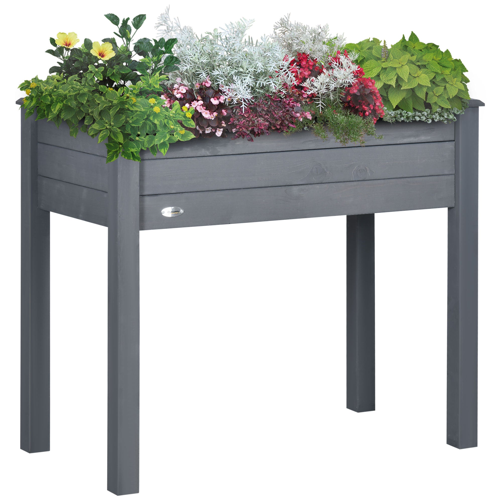 Outsunny 34"x18"x30" Elevated Planter Box with Legs Wooden Patio Raised Garden Bed Outdoor Flower Stand Yard Plant Table Raised Flower Planter w/ Inner Bag Dark Grey