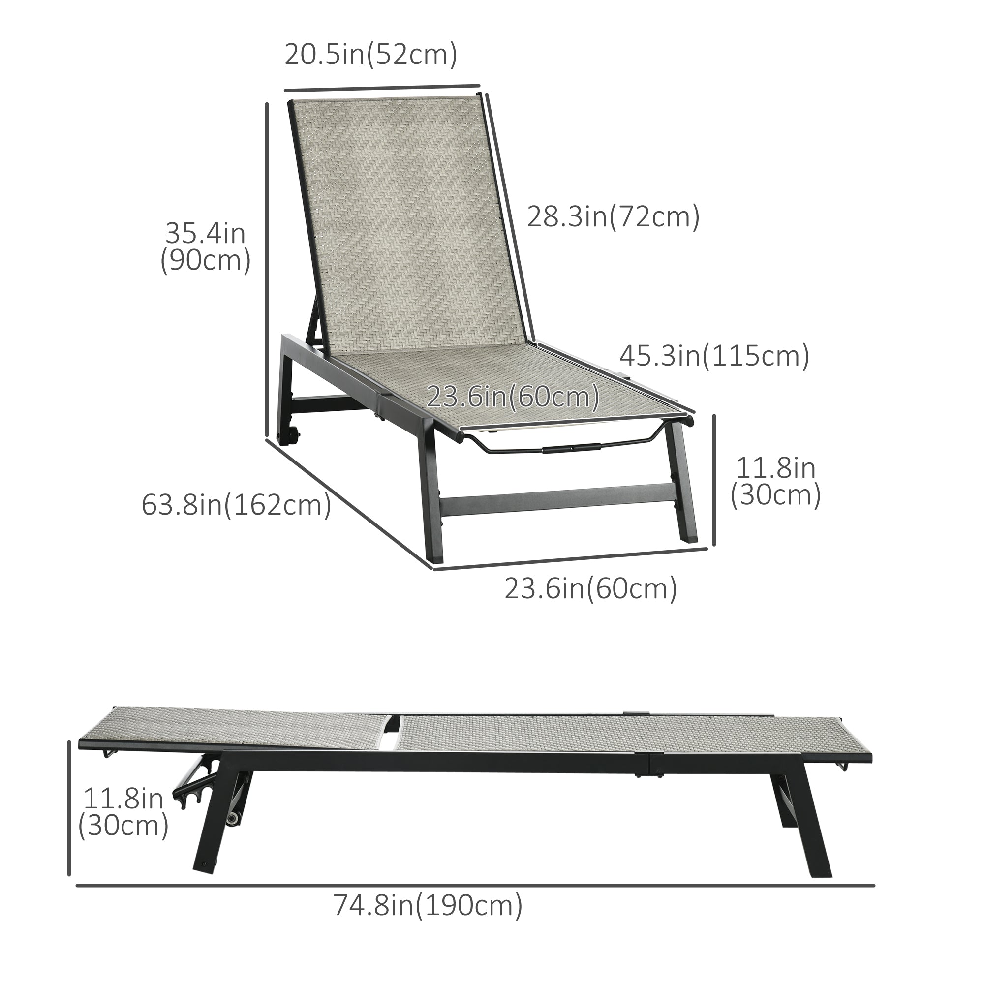 Outsunny 2 Pieces Patio Lounger Chair Set, Outdoor Aluminum Frame PE Rattan Wicker Sun Lounger Set w/ 5-Position Backrest and Wheels for Sun Room, Garden, Poolside, Light Grey