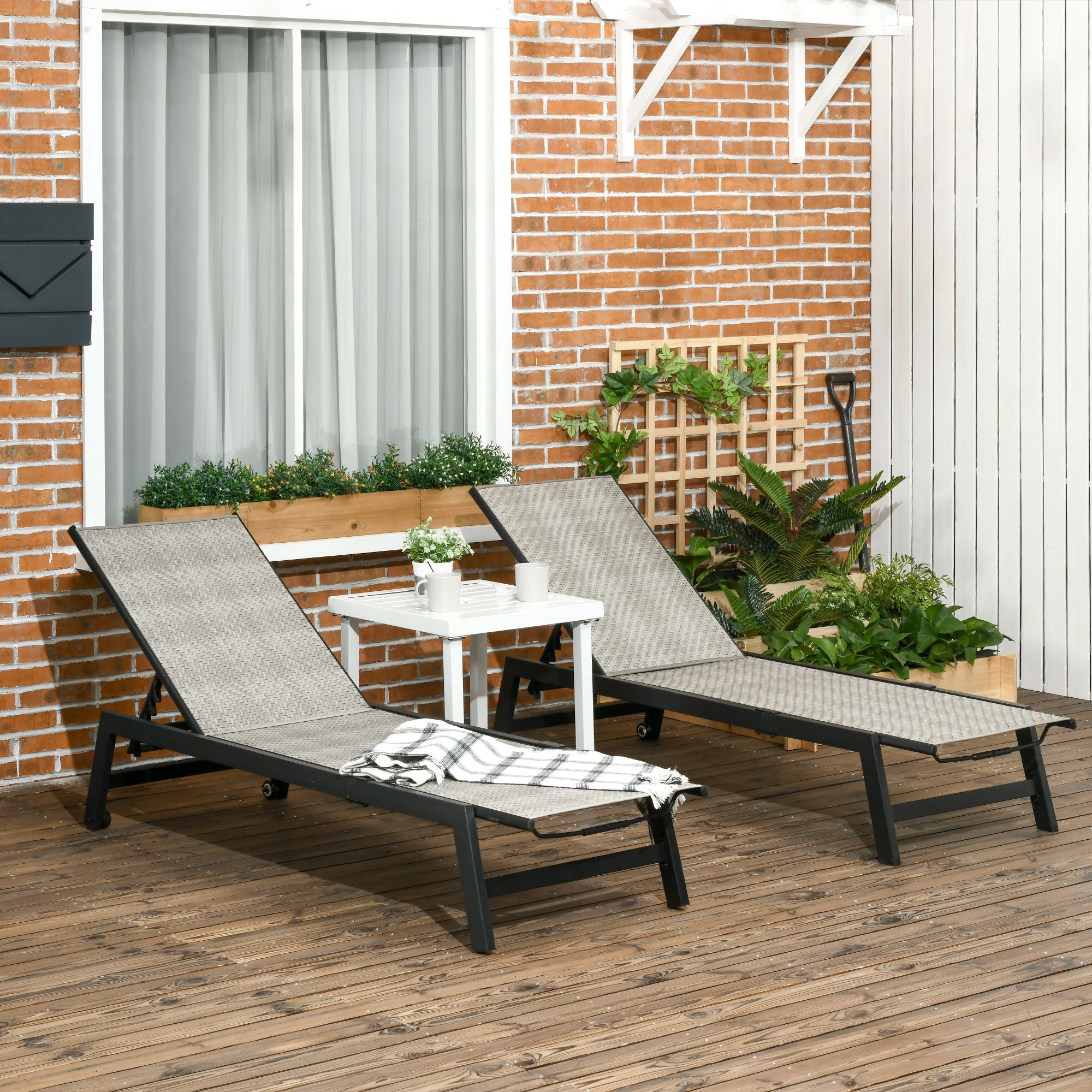 Outsunny 2 Pieces Patio Lounger Chair Set, Outdoor Aluminum Frame PE Rattan Wicker Sun Lounger Set w/ 5-Position Backrest and Wheels for Sun Room, Garden, Poolside, Light Grey