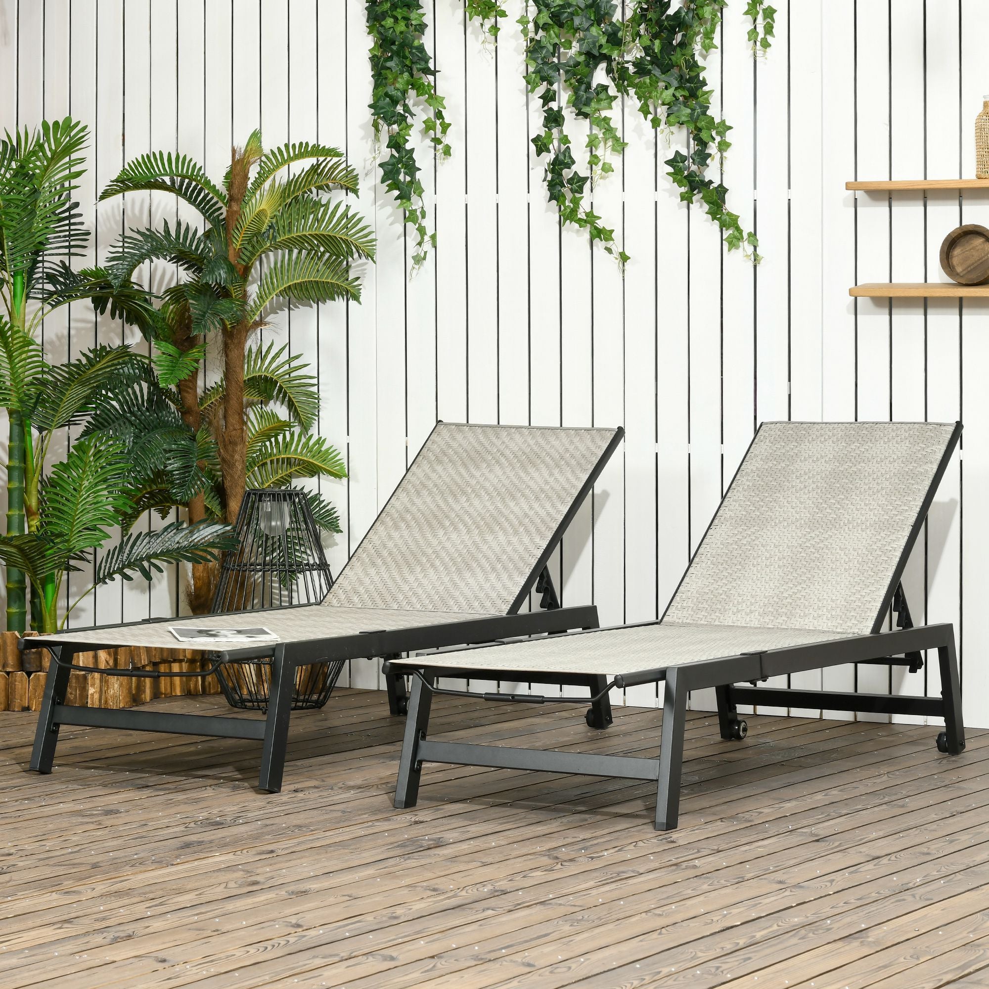 Outsunny 2 Pieces Patio Lounger Chair Set, Outdoor Aluminum Frame PE Rattan Wicker Sun Lounger Set w/ 5-Position Backrest and Wheels for Sun Room, Garden, Poolside, Light Grey
