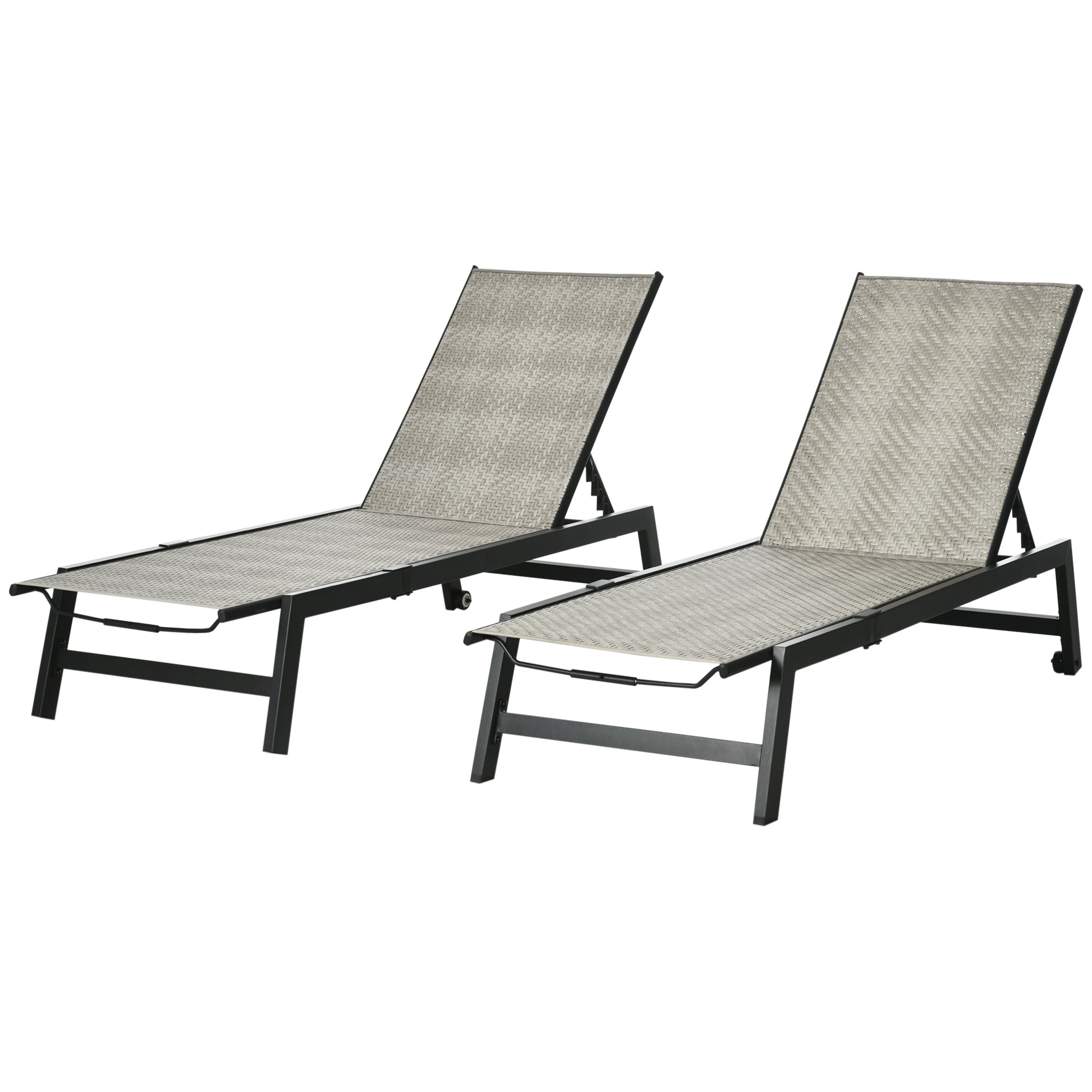 Outsunny 2 Pieces Patio Lounger Chair Set, Outdoor Aluminum Frame PE Rattan Wicker Sun Lounger Set w/ 5-Position Backrest and Wheels for Sun Room, Garden, Poolside, Light Grey