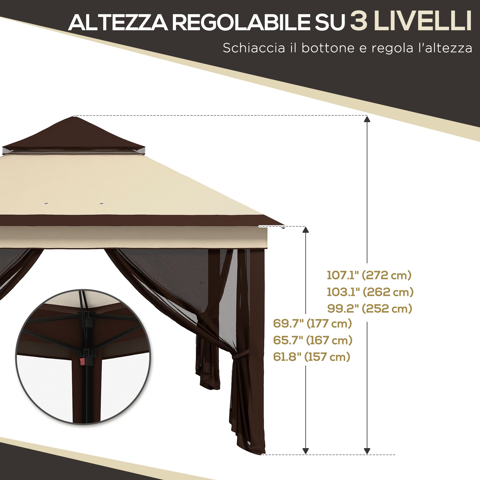 Outsunny 10.7 x 10.7ft Pop Up Camping Gazebo, Height Adjustable Instant Sun Shelter with UV30+ Roof Cover, Removable Mesh Curtains and Carrying Bag for Patio, Backyard, Beige
