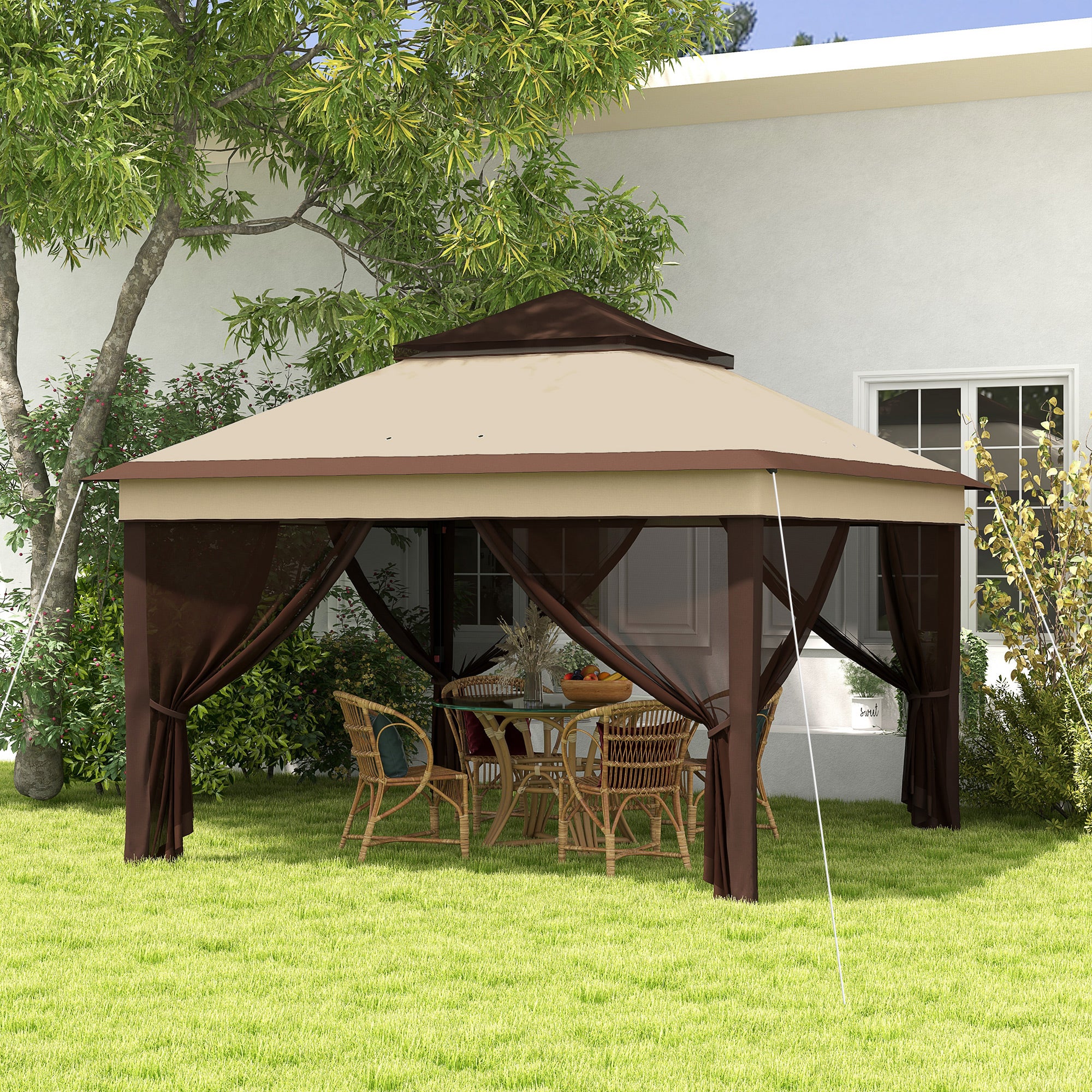 Outsunny 10.7 x 10.7ft Pop Up Camping Gazebo, Height Adjustable Instant Sun Shelter with UV30+ Roof Cover, Removable Mesh Curtains and Carrying Bag for Patio, Backyard, Beige