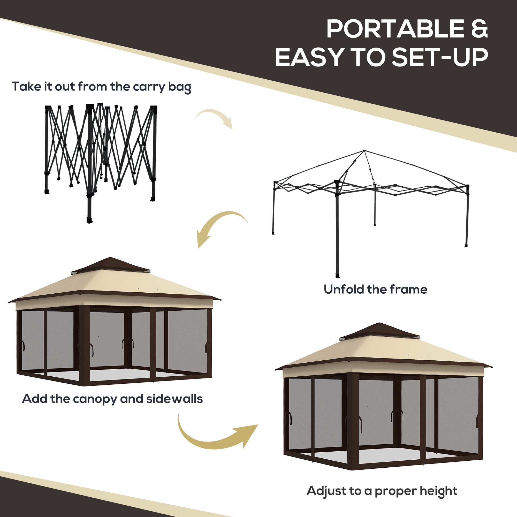Outsunny 10.7 x 10.7ft Pop Up Camping Gazebo, Height Adjustable Instant Sun Shelter with UV30+ Roof Cover, Removable Mesh Curtains and Carrying Bag for Patio, Backyard, Beige