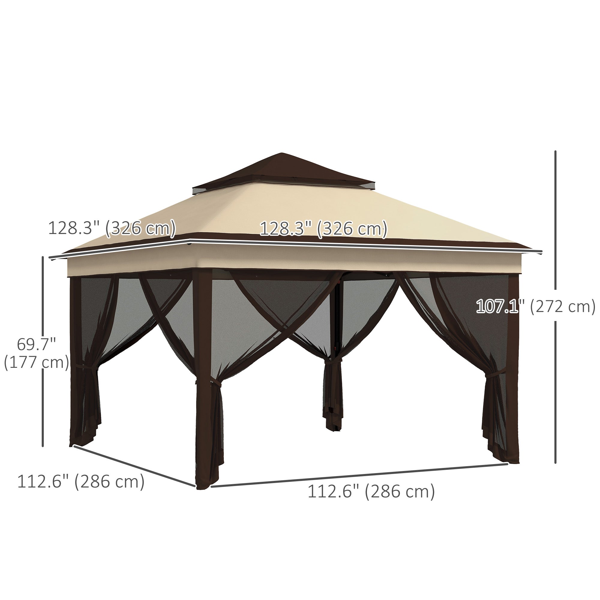 Outsunny 10.7 x 10.7ft Pop Up Camping Gazebo, Height Adjustable Instant Sun Shelter with UV30+ Roof Cover, Removable Mesh Curtains and Carrying Bag for Patio, Backyard, Beige