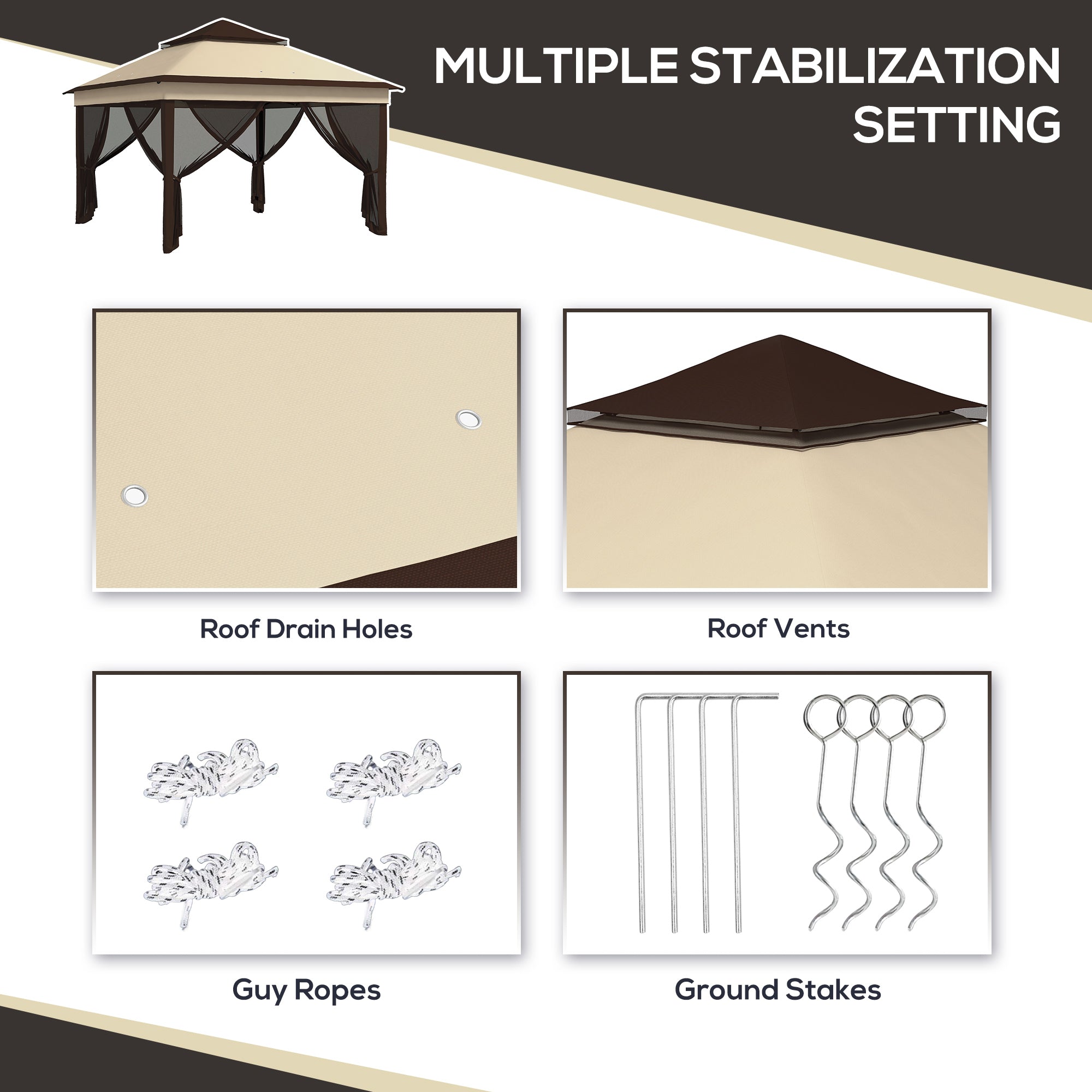 Outsunny 10.7 x 10.7ft Pop Up Camping Gazebo, Height Adjustable Instant Sun Shelter with UV30+ Roof Cover, Removable Mesh Curtains and Carrying Bag for Patio, Backyard, Beige