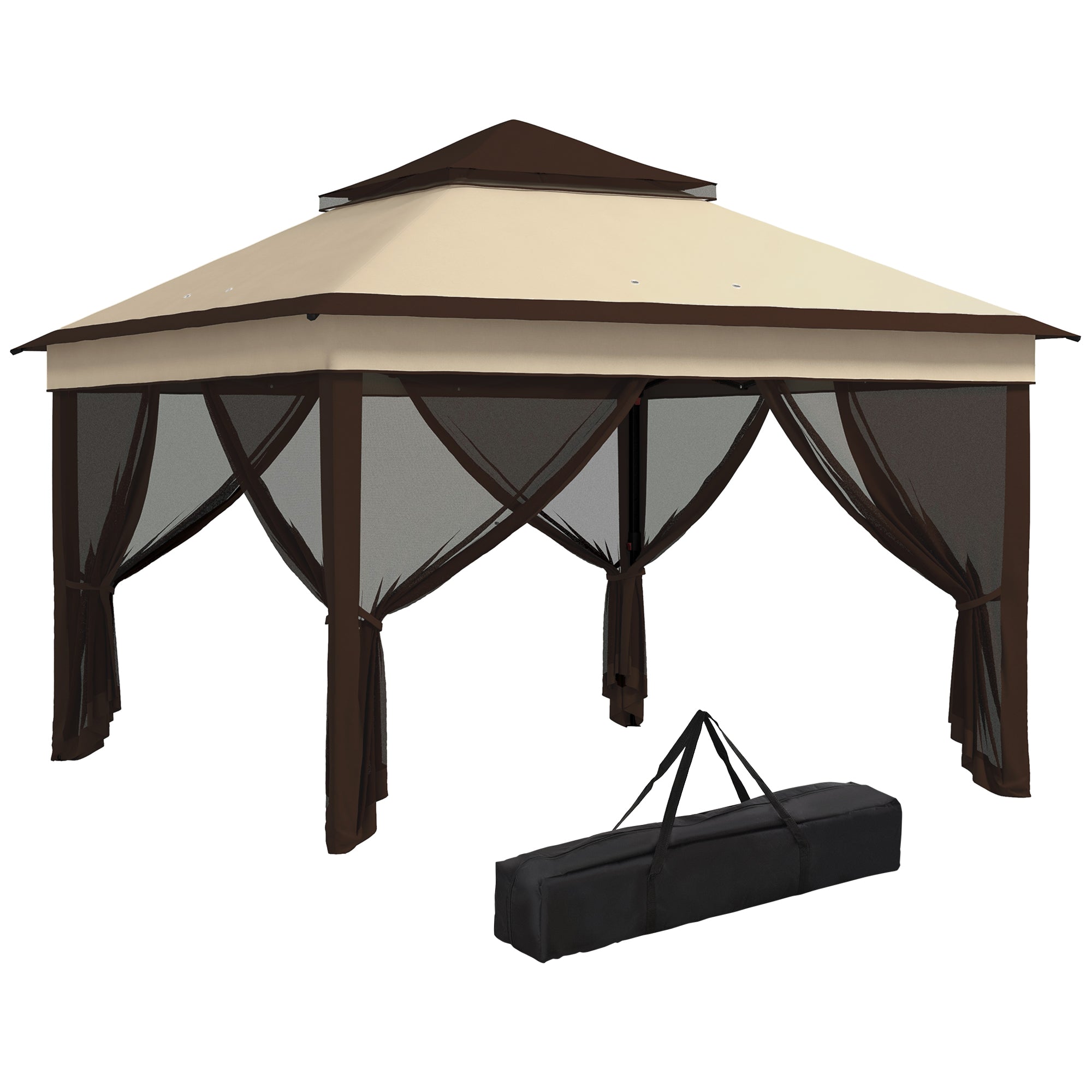 Outsunny 10.7 x 10.7ft Pop Up Camping Gazebo, Height Adjustable Instant Sun Shelter with UV30+ Roof Cover, Removable Mesh Curtains and Carrying Bag for Patio, Backyard, Beige