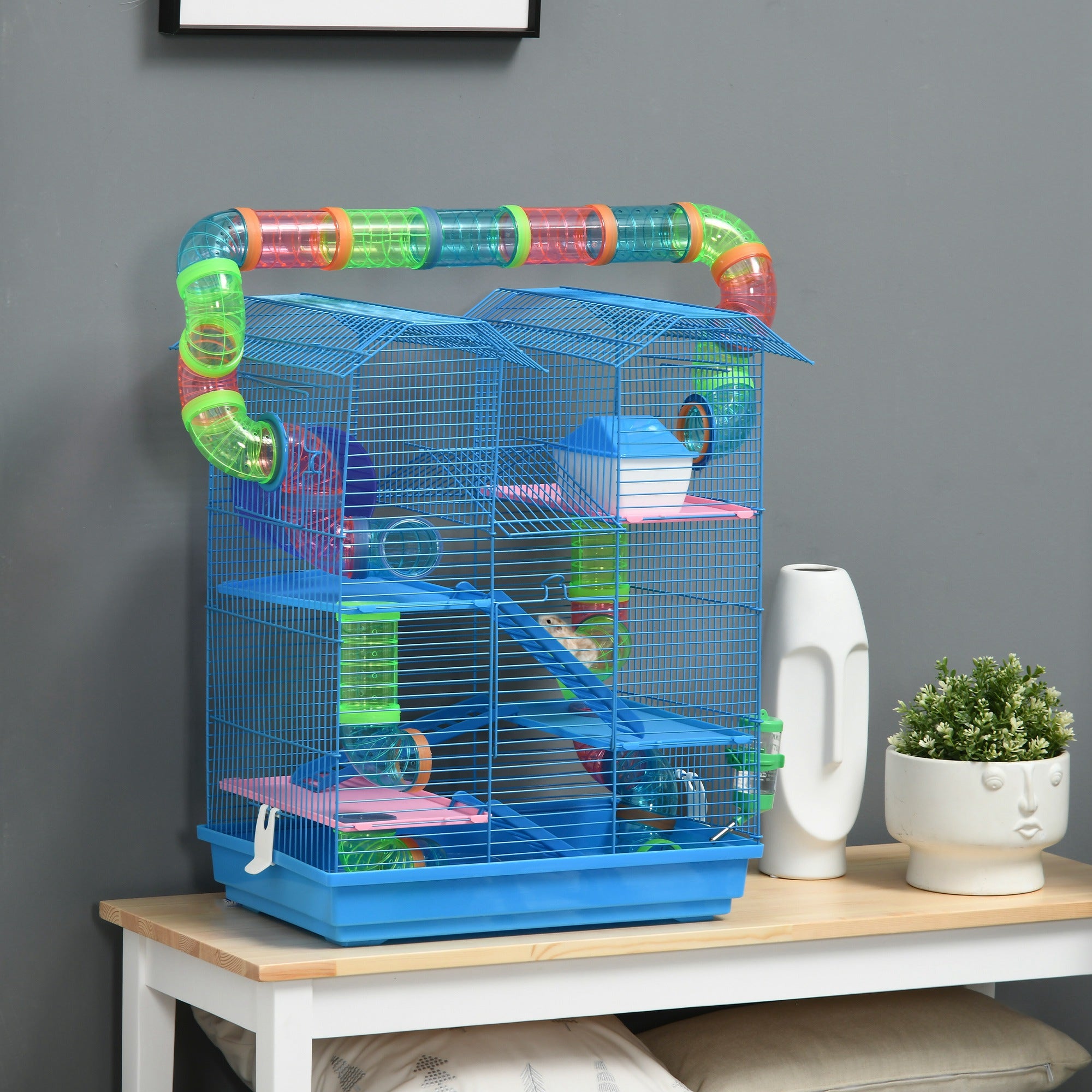 PawHut 5 Tier Hamster Cage Carrier Habitat with Exercise Wheels Tunnel Tube Water Bottle Dishes House Ladder for Dwarf Mice, Blue