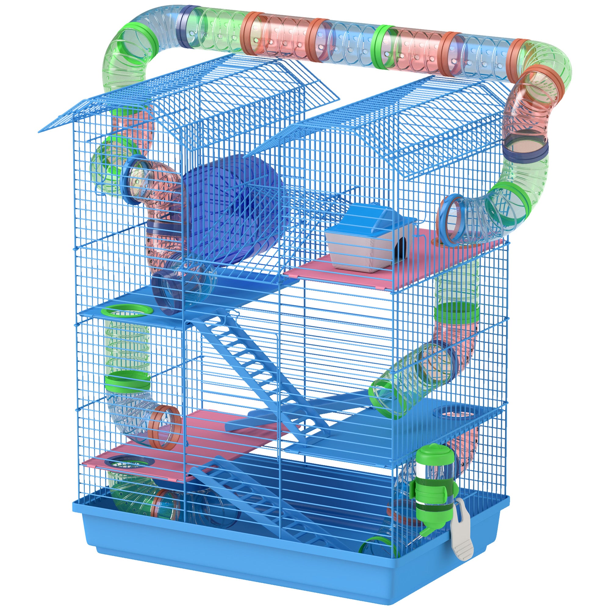 PawHut 5 Tier Hamster Cage Carrier Habitat with Exercise Wheels Tunnel Tube Water Bottle Dishes House Ladder for Dwarf Mice, Blue