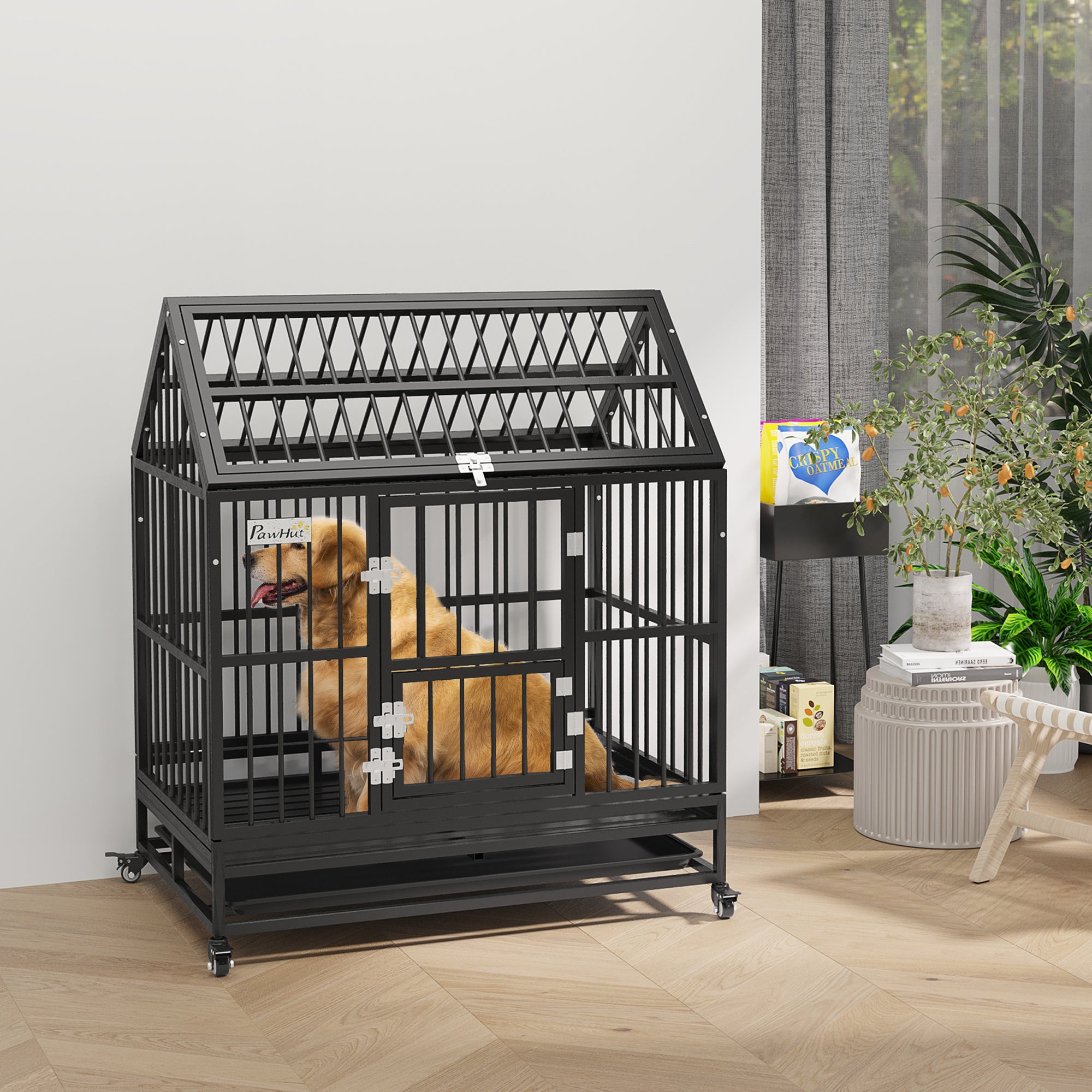 PawHut 43" Heavy Duty Dog Crate, Indoor Outdoor Dog Cage on Wheels with Locks, Removable Tray, Openable Top, 2 Doors, for Large and Extra Large Dog - Black