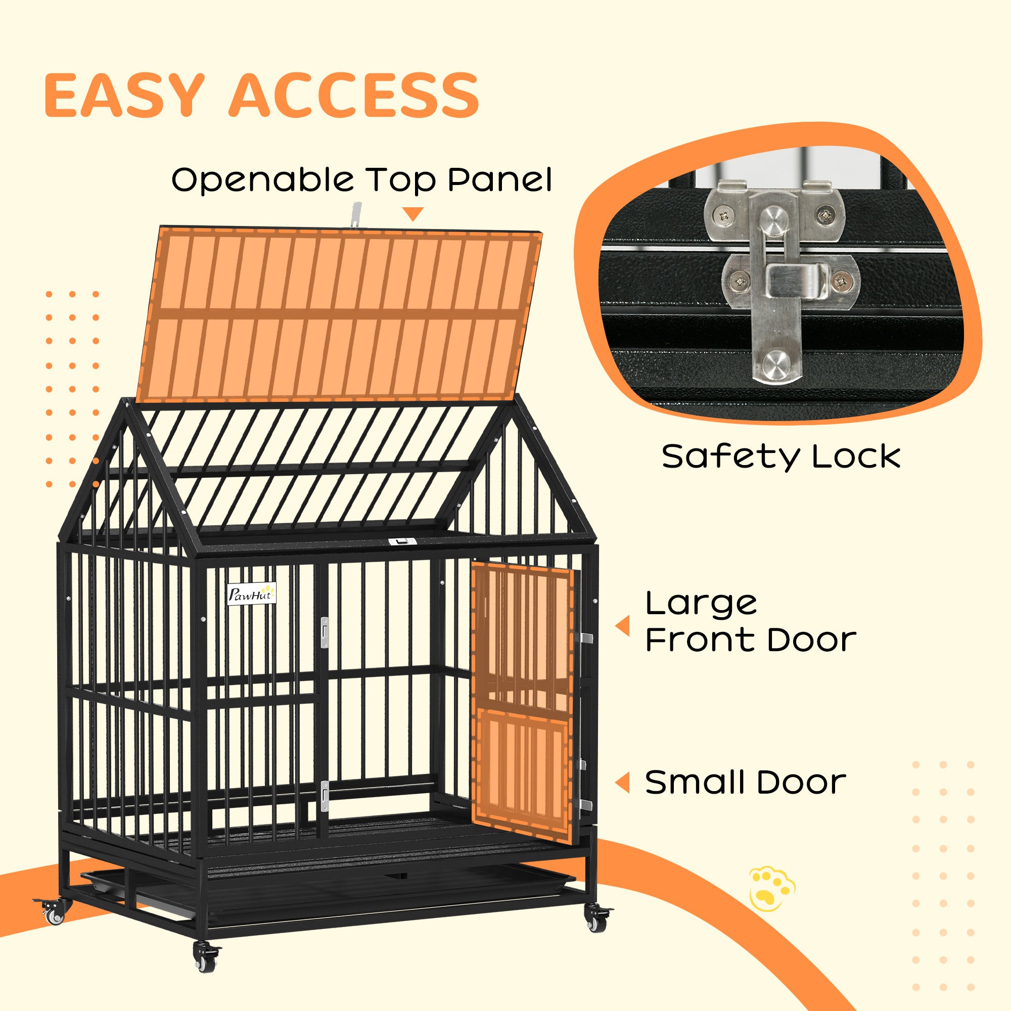 PawHut 43" Heavy Duty Dog Crate, Indoor Outdoor Dog Cage on Wheels with Locks, Removable Tray, Openable Top, 2 Doors, for Large and Extra Large Dog - Black