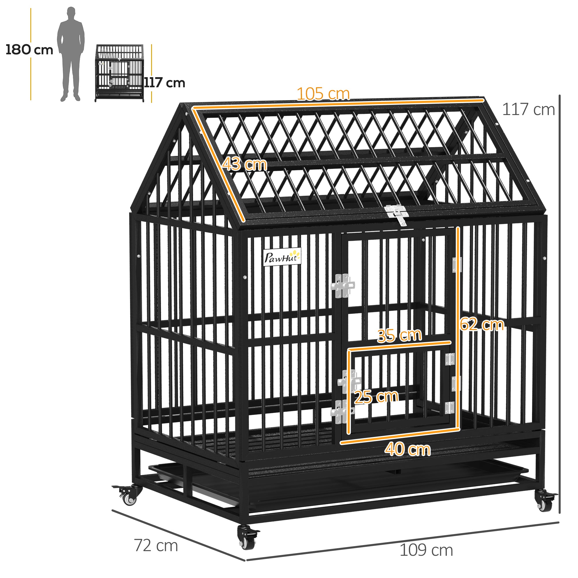 PawHut 43" Heavy Duty Dog Crate, Indoor Outdoor Dog Cage on Wheels with Locks, Removable Tray, Openable Top, 2 Doors, for Large and Extra Large Dog - Black