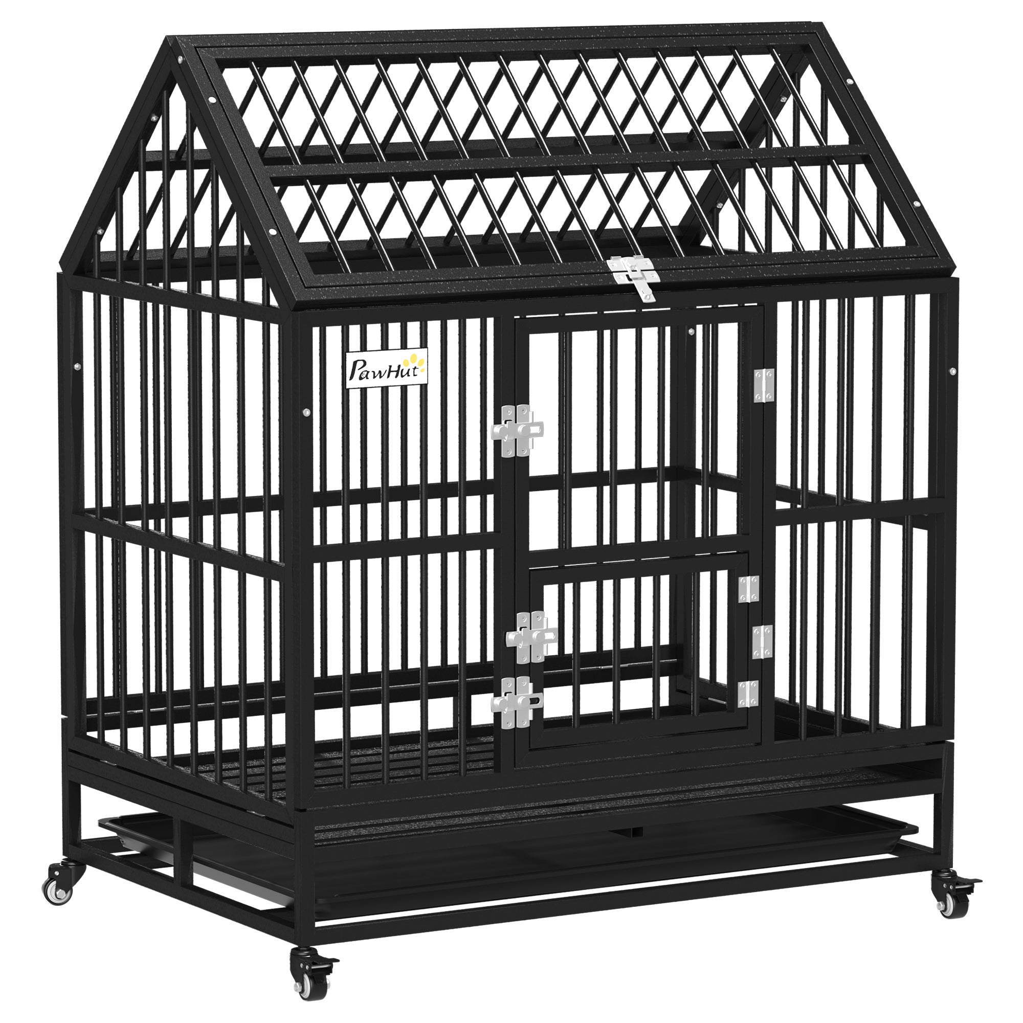 PawHut 43" Heavy Duty Dog Crate, Indoor Outdoor Dog Cage on Wheels with Locks, Removable Tray, Openable Top, 2 Doors, for Large and Extra Large Dog - Black