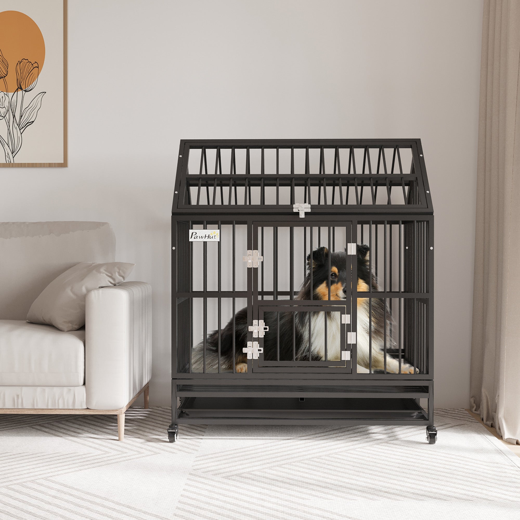PawHut 43" Heavy Duty Dog Crate, Indoor Outdoor Dog Cage on Wheels with Locks, Removable Tray, Openable Top, 2 Doors, for Large and Extra Large Dog - Black
