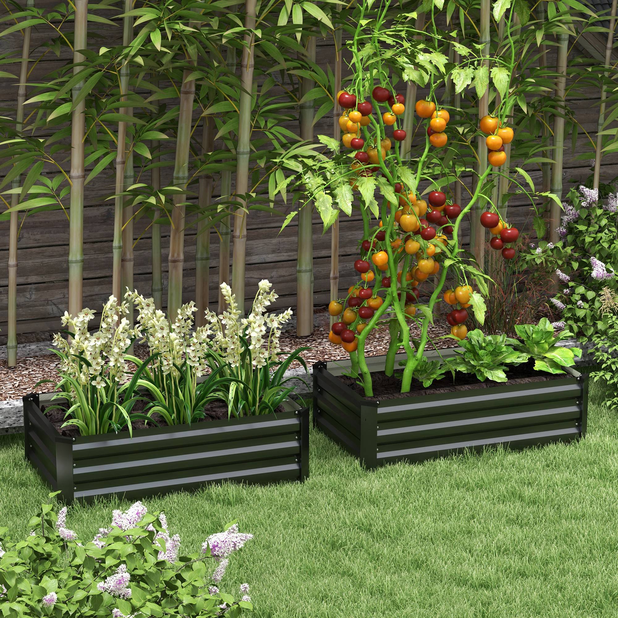 Outsunny Set of 2 Raised Garden Beds, Galvanized Planters for Outdoor Plants, Elevated Planter Box, Easy-to-assemble, for Growing Flowers, Herbs and Vegetables, Grey