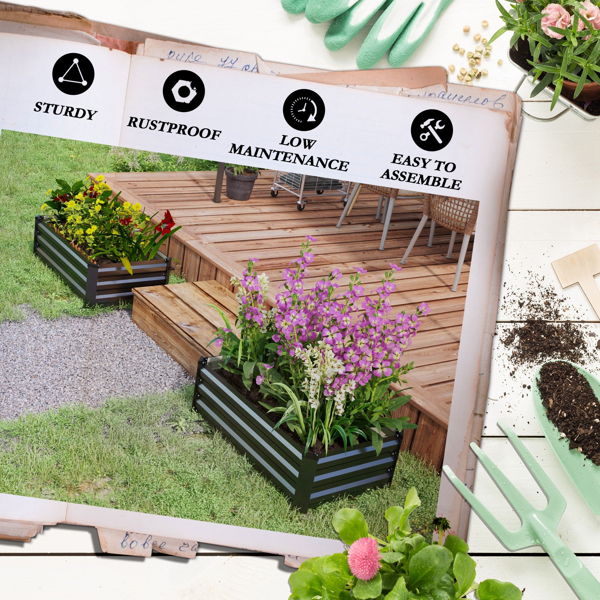 Outsunny Set of 2 Raised Garden Beds, Galvanized Planters for Outdoor Plants, Elevated Planter Box, Easy-to-assemble, for Growing Flowers, Herbs and Vegetables, Grey