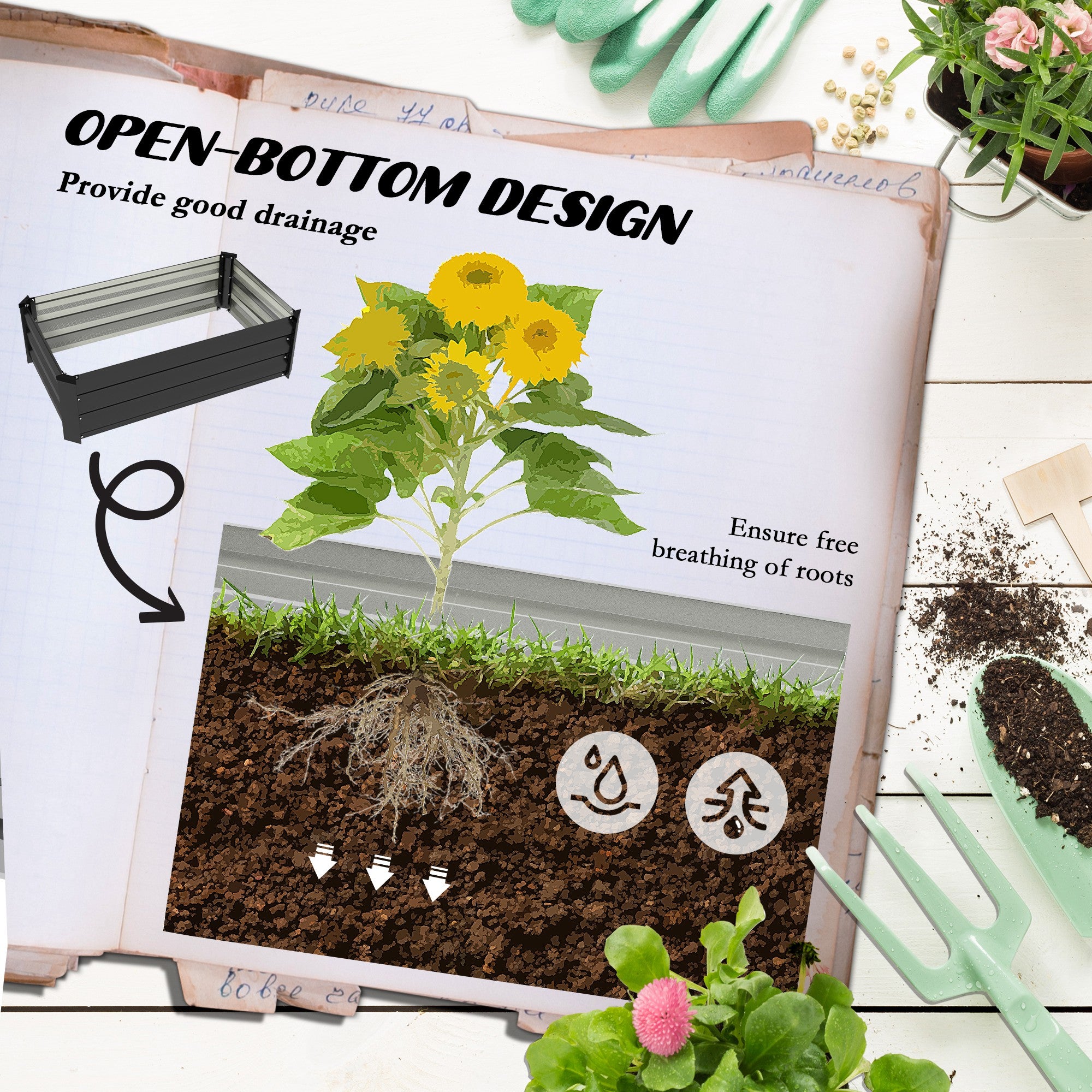 Outsunny Set of 2 Raised Garden Beds, Galvanized Planters for Outdoor Plants, Elevated Planter Box, Easy-to-assemble, for Growing Flowers, Herbs and Vegetables, Grey