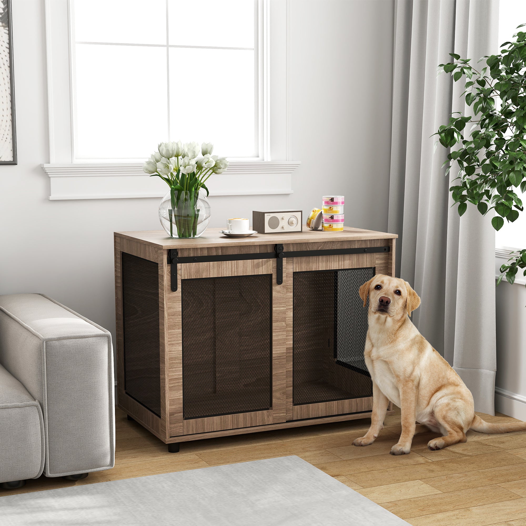 PawHut Dog Crate Furniture, Dog Cage End Table with Sliding Barn Door, Dog Pet Kennel for Large Dogs, 98 x 60 x 78cm, Walnut Brown