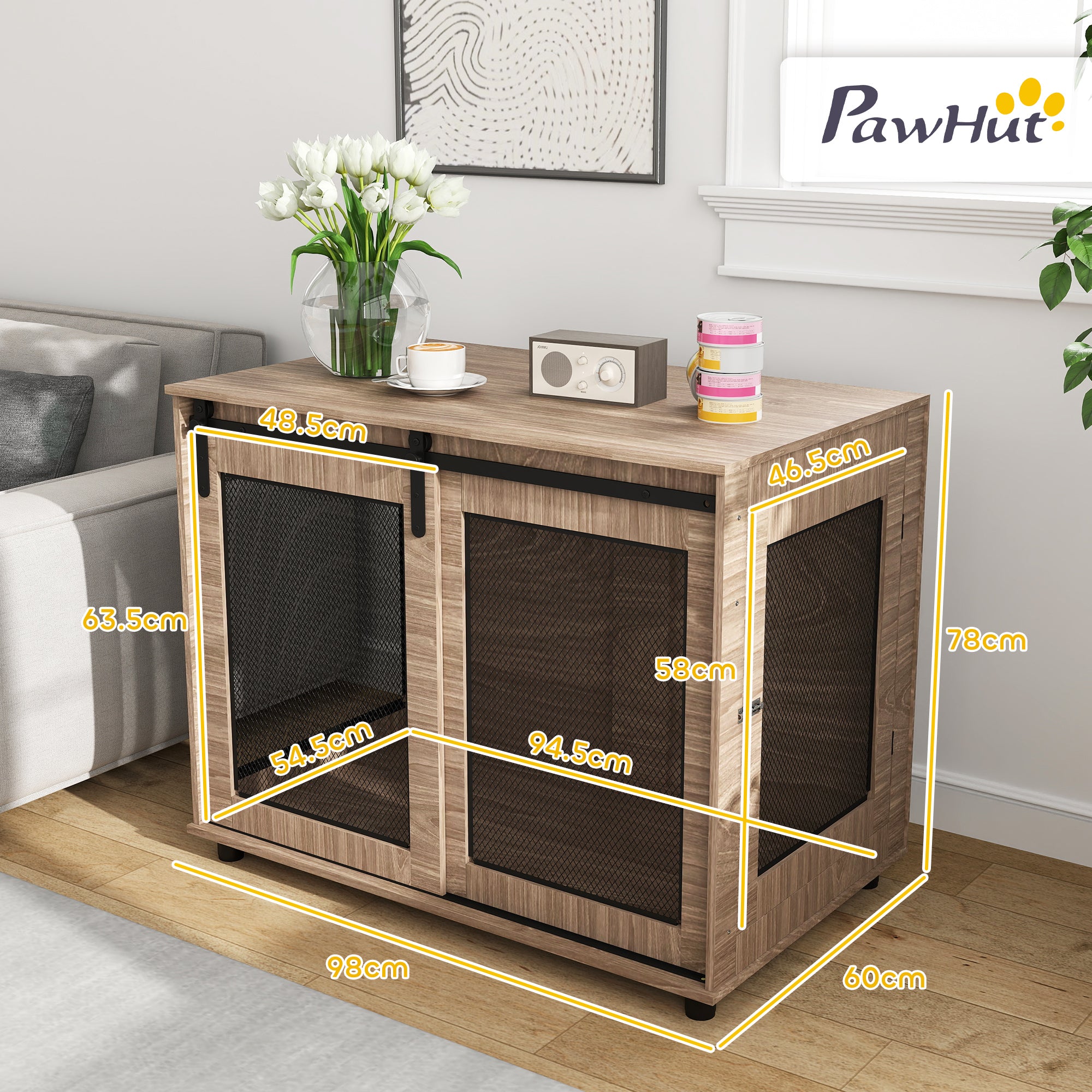 PawHut Dog Crate Furniture, Dog Cage End Table with Sliding Barn Door, Dog Pet Kennel for Large Dogs, 98 x 60 x 78cm, Walnut Brown
